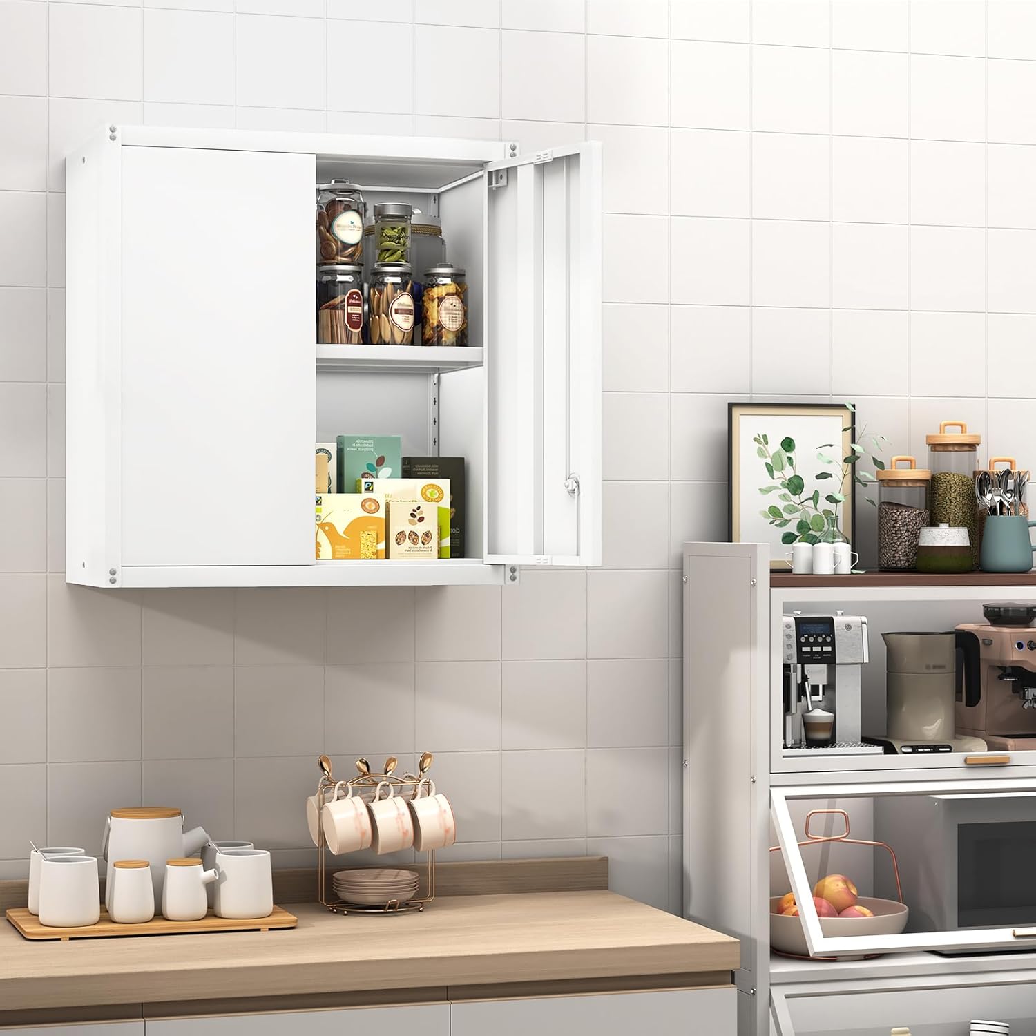 GREATMEET - clóset de almacenamiento de pared de metal con cerradura,armarios de almacenamiento de metal blanco con 1 estante ajustable y 2 puertas,gabinete de acero,desmontar H27.95 White