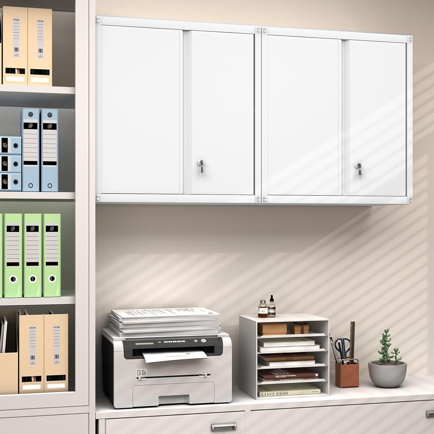 GREATMEET - clóset de almacenamiento de pared de metal con cerradura,armarios de almacenamiento de metal blanco con 1 estante ajustable y 2 puertas,gabinete de acero,desmontar H27.95 White