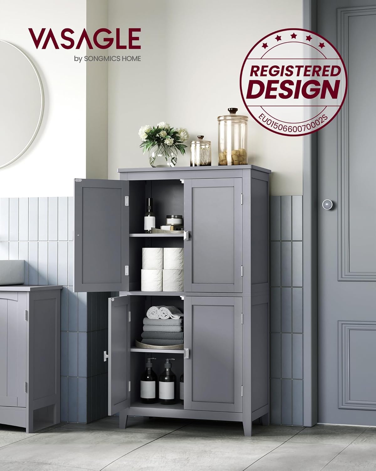 VASAGLE Mueble de Baño, Armario de Baño, Armario de Cocina, con 2 Puertas y 2 Cajones, Estantes Ajustables, 30 x 60 x 110 cm, Gris Paloma MBBC551G02