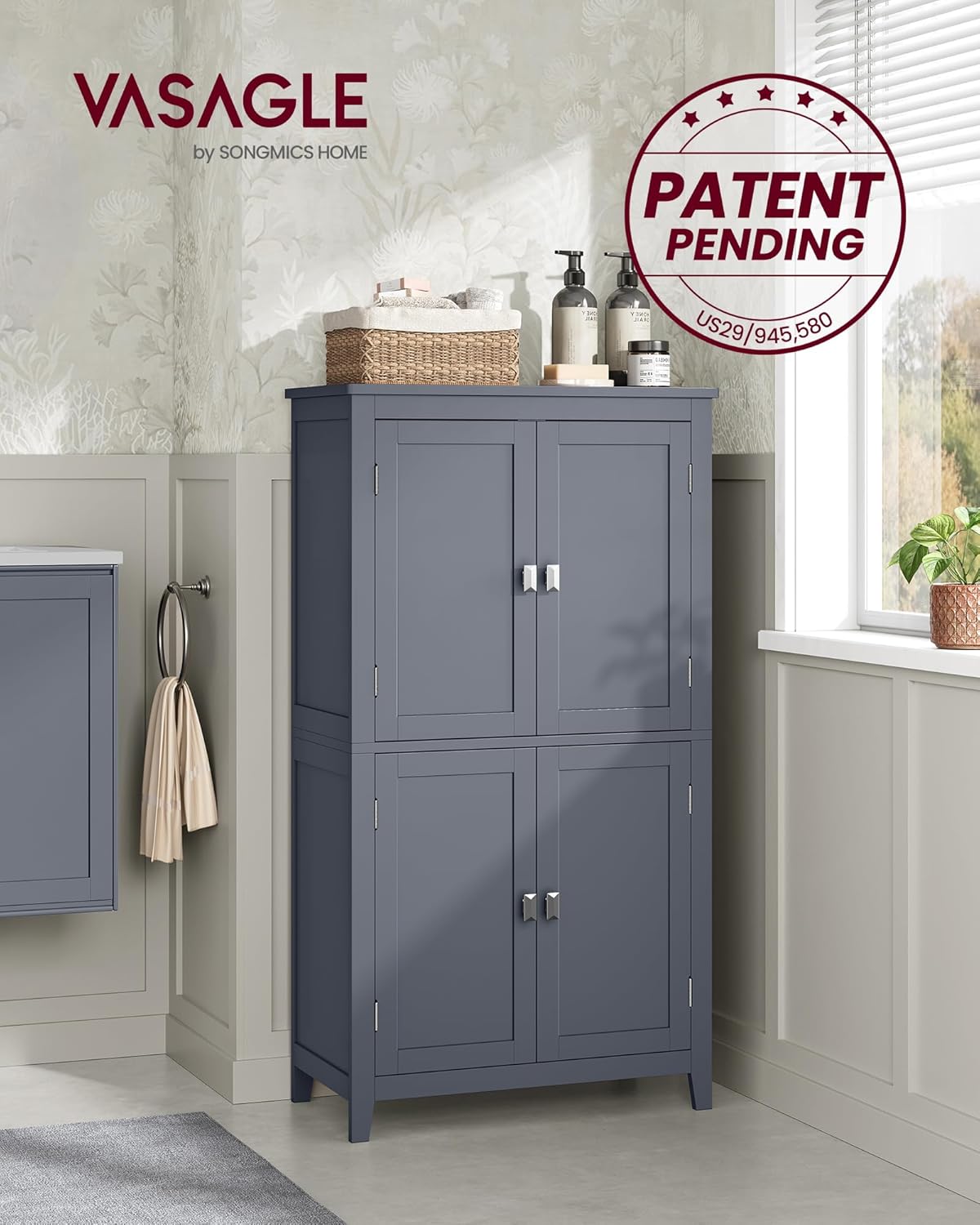 VASAGLE Mueble de Baño, Armario de Baño, Armario de Cocina, con 2 Puertas y 2 Cajones, Estantes Ajustables, 30 x 60 x 110 cm, Gris Paloma MBBC551G02