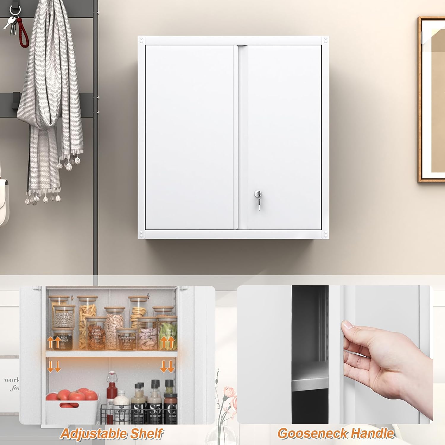 GREATMEET - clóset de almacenamiento de pared de metal con cerradura,armarios de almacenamiento de metal blanco con 1 estante ajustable y 2 puertas,gabinete de acero,desmontar H27.95 White