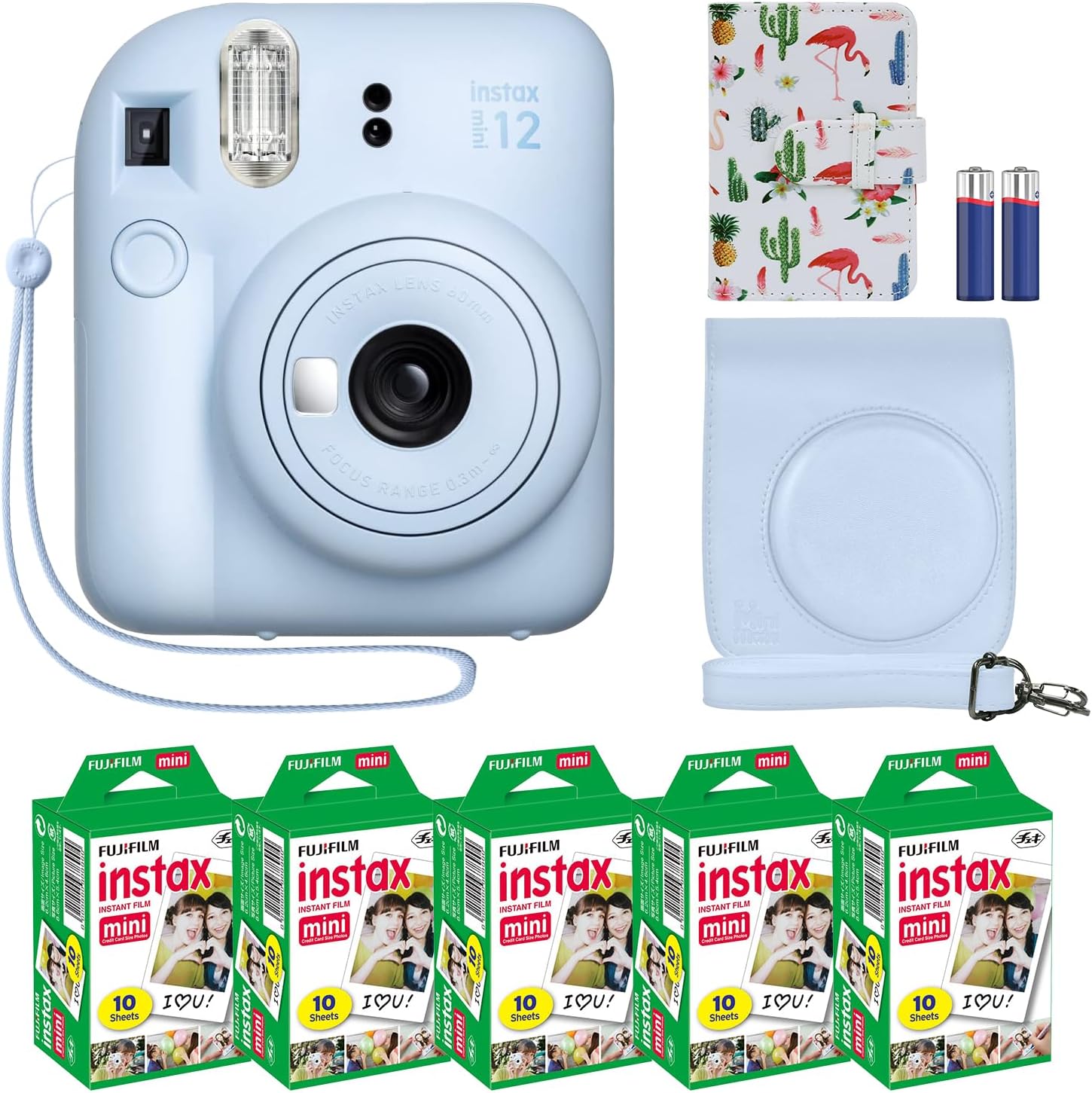 Fujifilm Instax Mini 12 Cámara instantánea + paquete de accesorios MiniMate y funda personalizada compatible + Fuji Instax Film Value Pack (50 hojas) Álbum de fotos de diseño Flamingo (azul pastel)