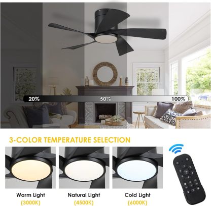 CHESUR - Ventiladores de techo negros con luces – Ventilador de techo de perfil bajo de montaje empotrado de 36 pulgadas con mando a distancia/aplicación, regulable y 3CCT, reversible, moderno
