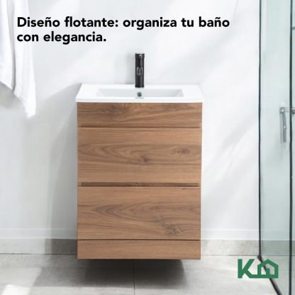 Kingshouse | Gabinete para Baño con Ovalín y Monomando – Mueble de Baño Lavamanos con 2 Cajones – Lavabo – Gabiente Organizador - Color Gris Mate – Fibra de Madera MDF – Lavamanos De Cerámica