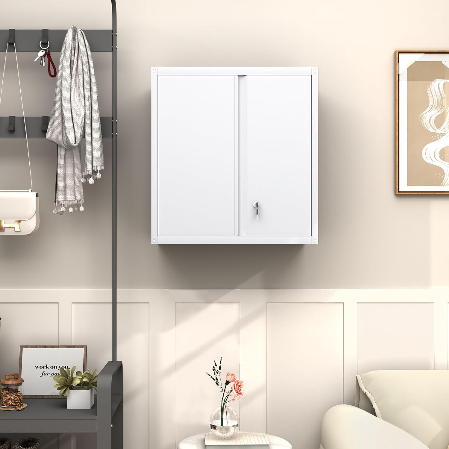 GREATMEET - clóset de almacenamiento de pared de metal con cerradura,armarios de almacenamiento de metal blanco con 1 estante ajustable y 2 puertas,gabinete de acero,desmontar H27.95 White
