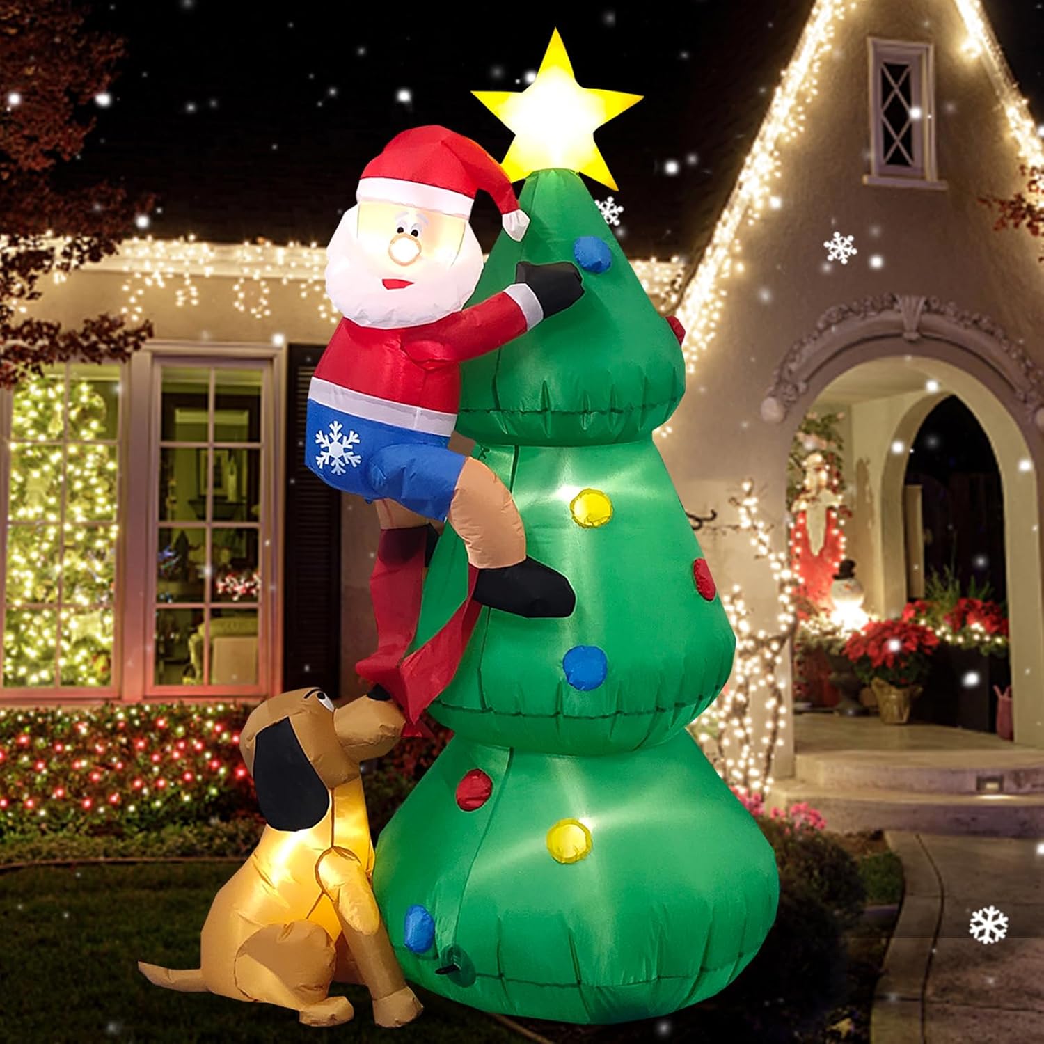 Danxilu 1.83M Arbol de Navidad Inflable con Papá Noel Perro Decoraciones al Aire Libre, Inflables Navidad Arbol Santa Claus para el Patio Inflables Navideños Decoración Iluminada con Leds