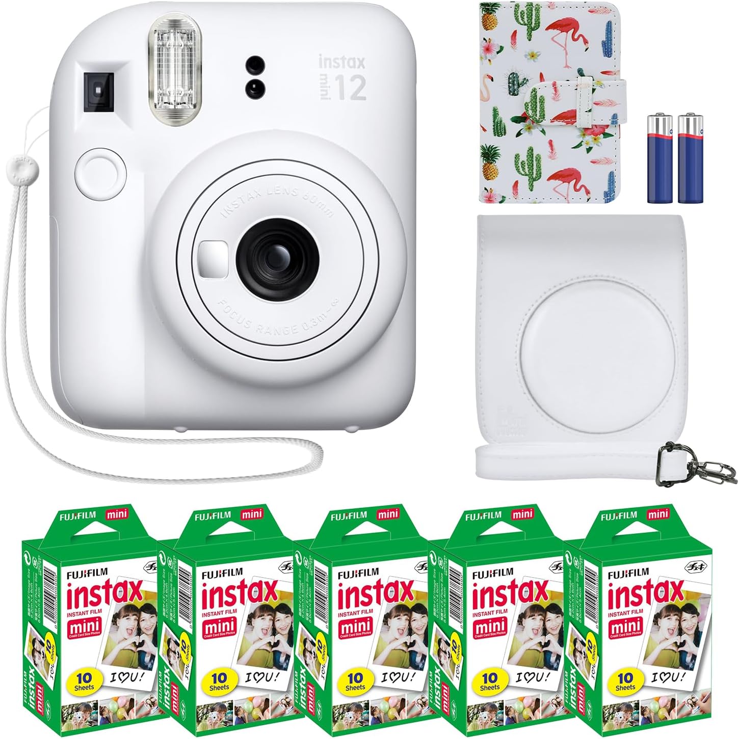 Fujifilm Instax Mini 12 Cámara instantánea + paquete de accesorios MiniMate y funda personalizada compatible + Fuji Instax Film Value Pack (50 hojas) Álbum de fotos de diseño Flamingo (azul pastel)