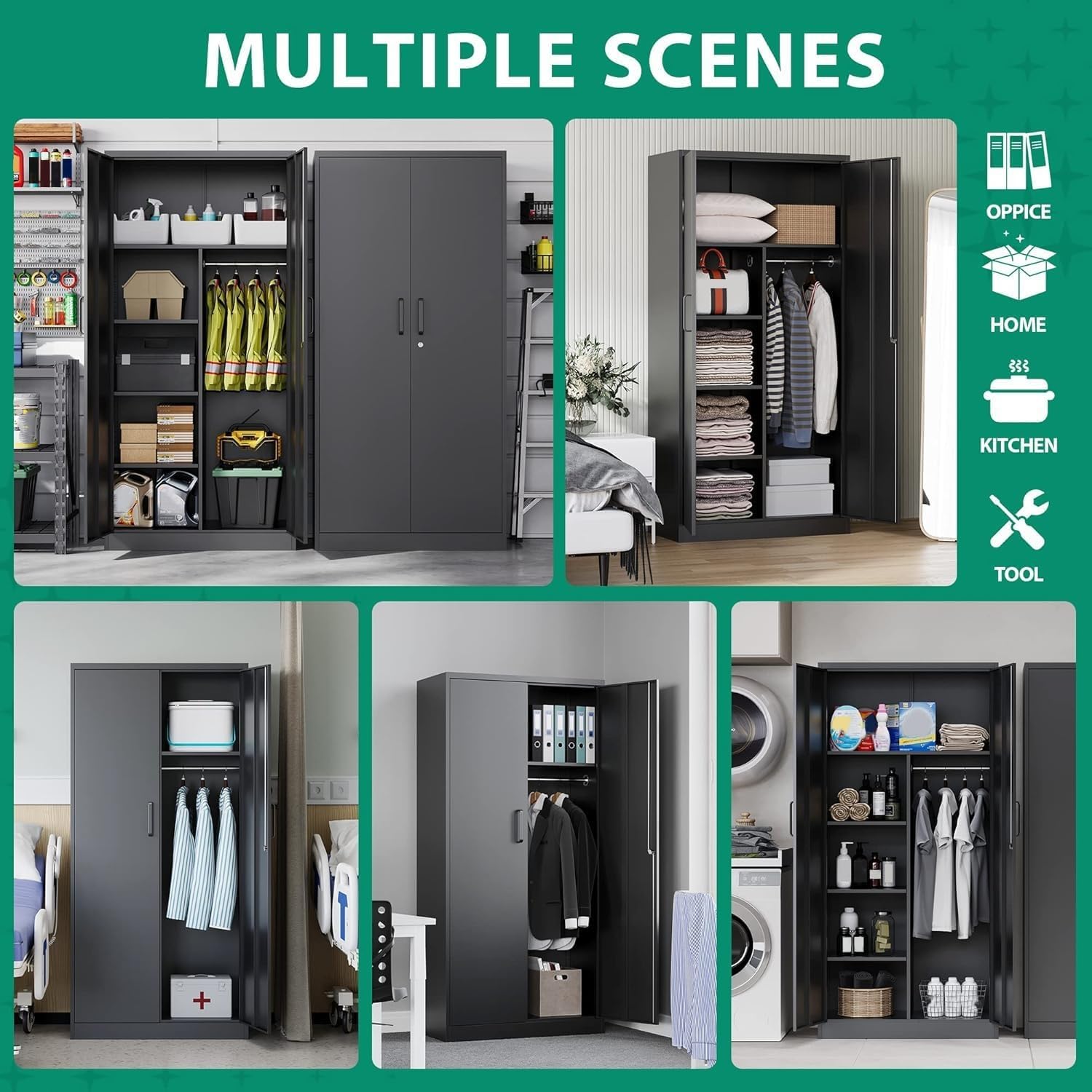 Letaya - Armarios de almacenamiento de metal con puerta de cerradura, armarios de acero, 5 estantes ajustables para el hogar, oficina, almacén (blanco)