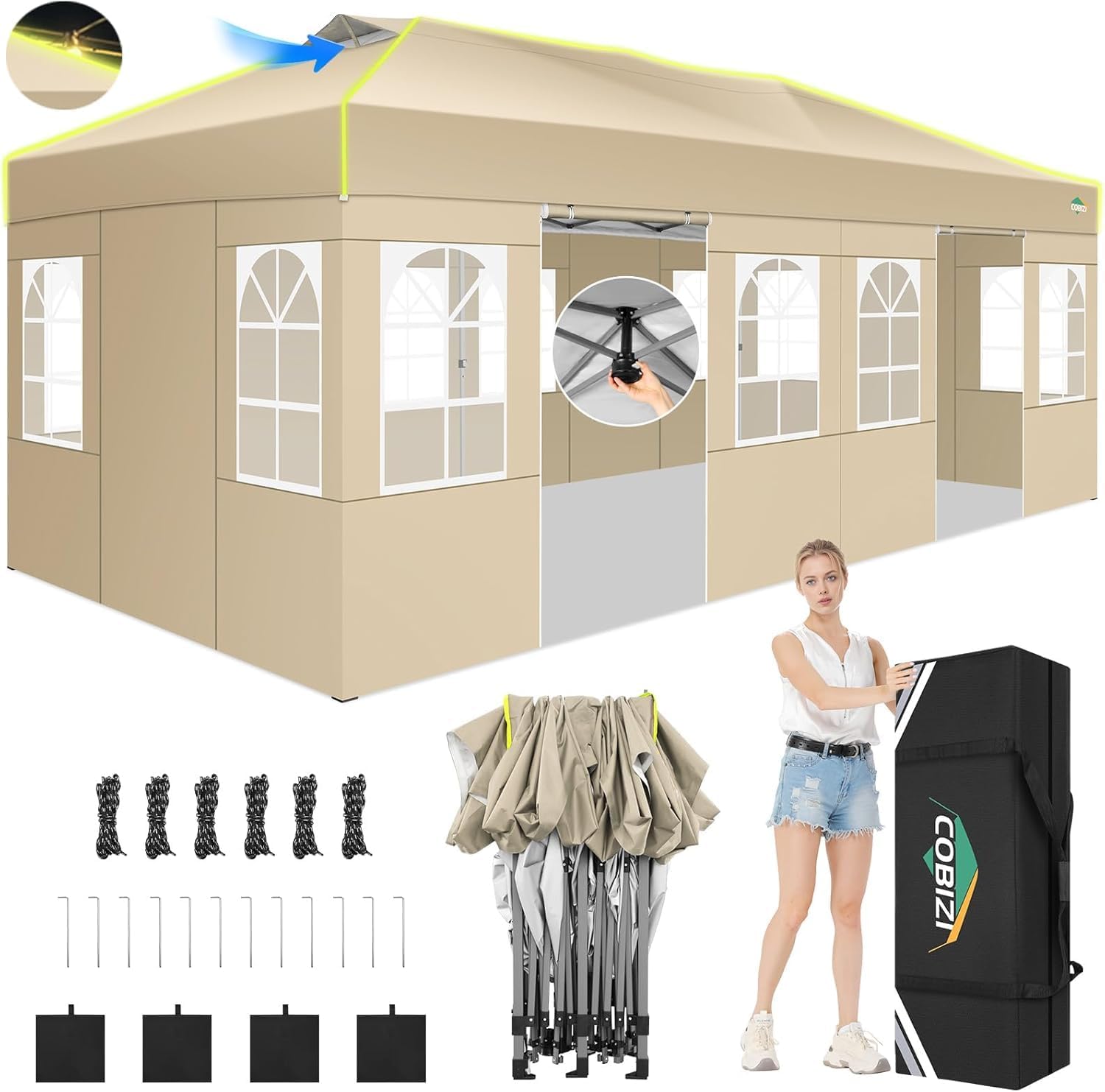 COBIZI - Tienda de campaña desplegable de 10 x 20 Pulgadas, Tienda de campaña instantánea Comercial para Bodas, Fiestas con 3 Altura Ajustable, toldo Ez Up para Exteriores, Impermeable, UPF50+ con