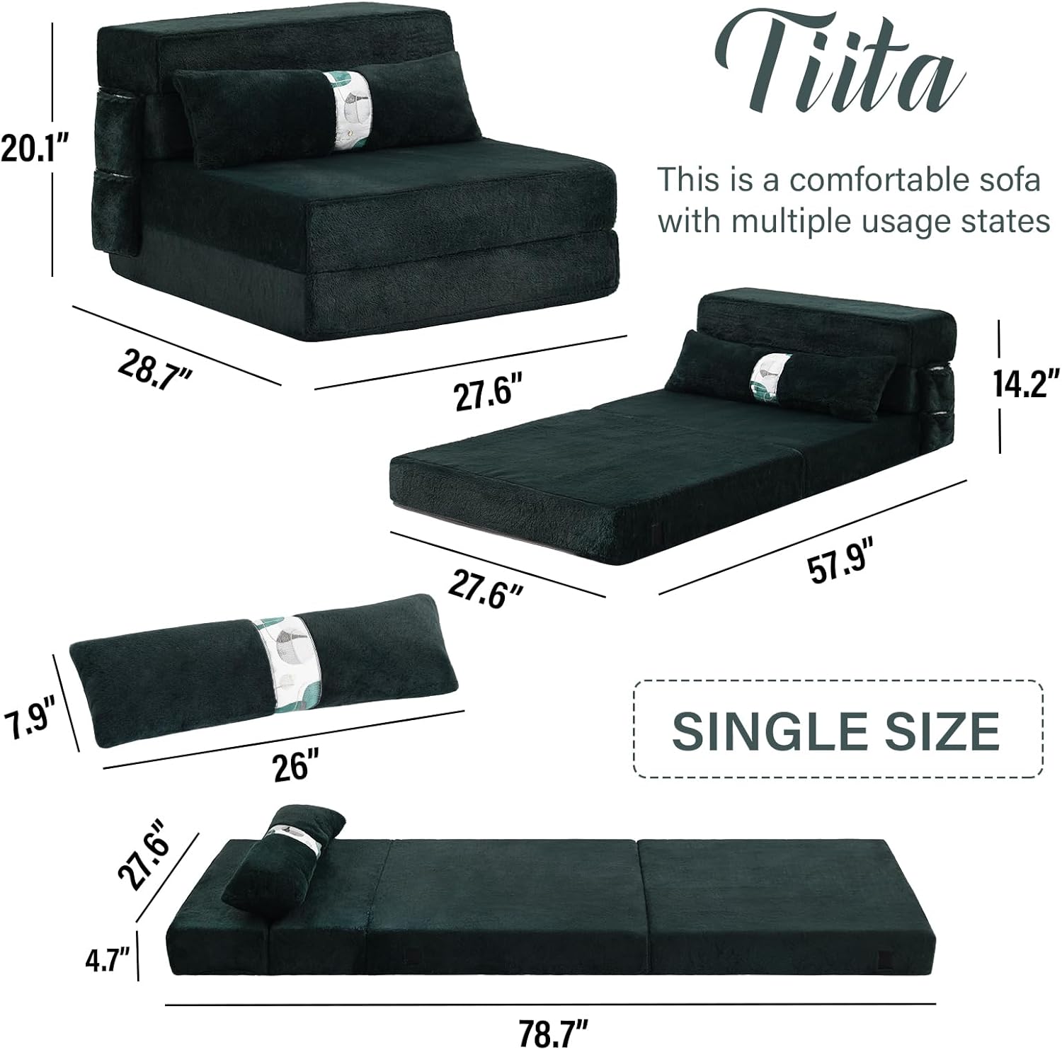 Tiita - Sillón de futón, tamaño individual, sofá cama plegable con almohada, colchón de piso y futón para sala de estar, recámara, uso de invitados, departamento