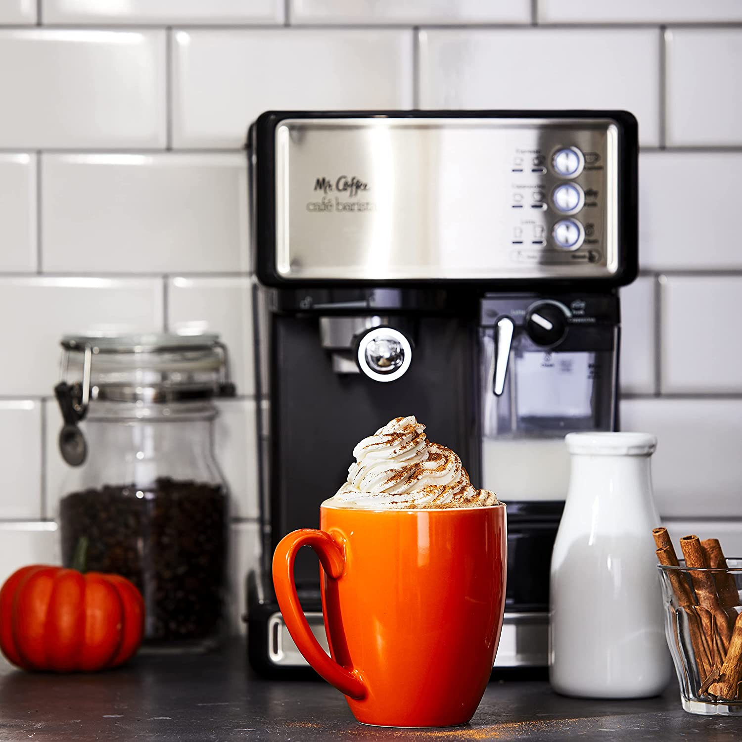 Mr. Coffee Cafe Barista Cafetera eléctrica para espresso con espumador de leche automático, BVMC-Ecm.P1000, Sin muestra gratis, Acero inoxidable, 1