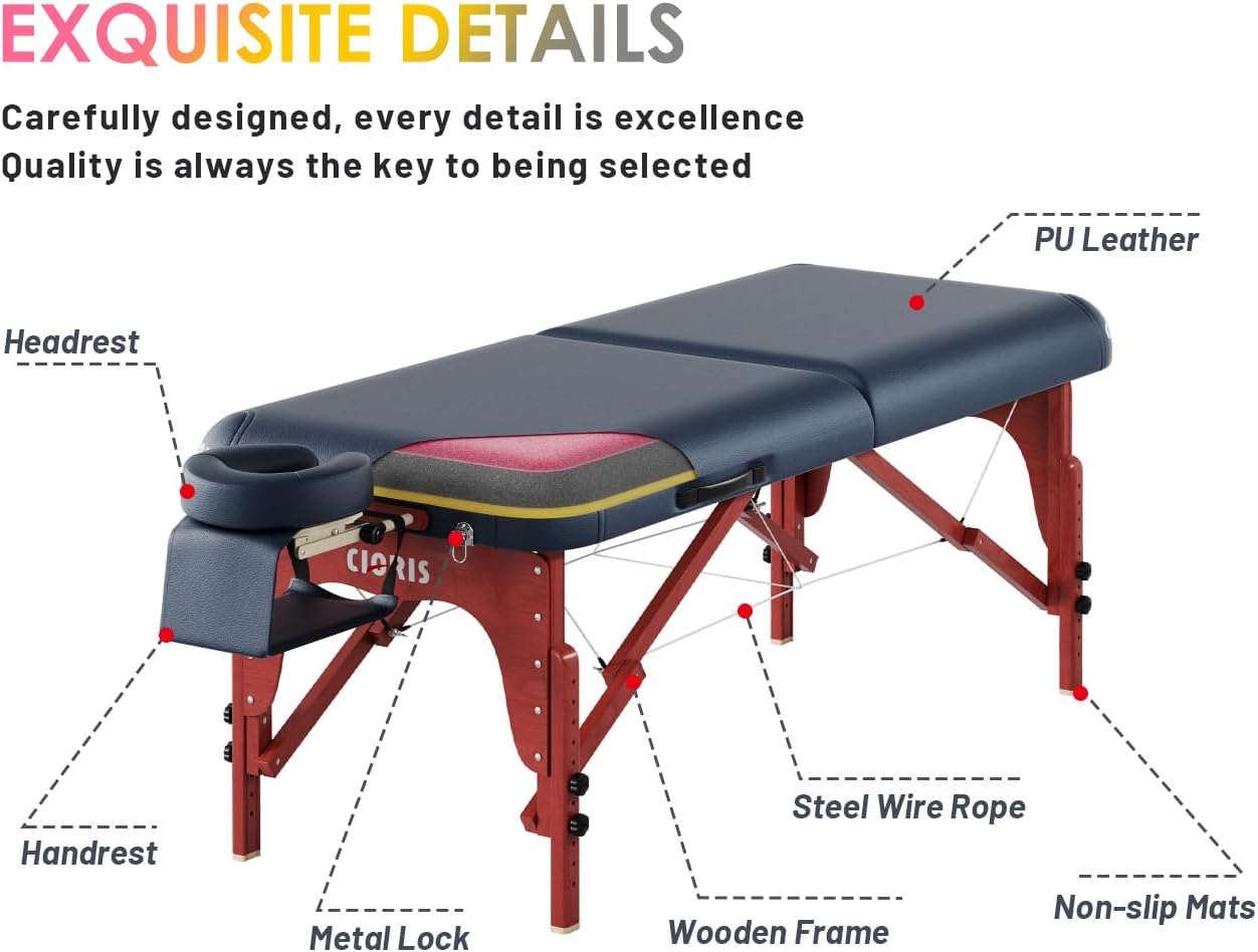 CLORIS - Mesa de masaje profesional de 84 pulgadas, portátil, 2 plegables, ligera, para spa, cama de tatuaje, altura ajustable con bolsa de transporte y pierna de aluminio que soporta hasta 1000