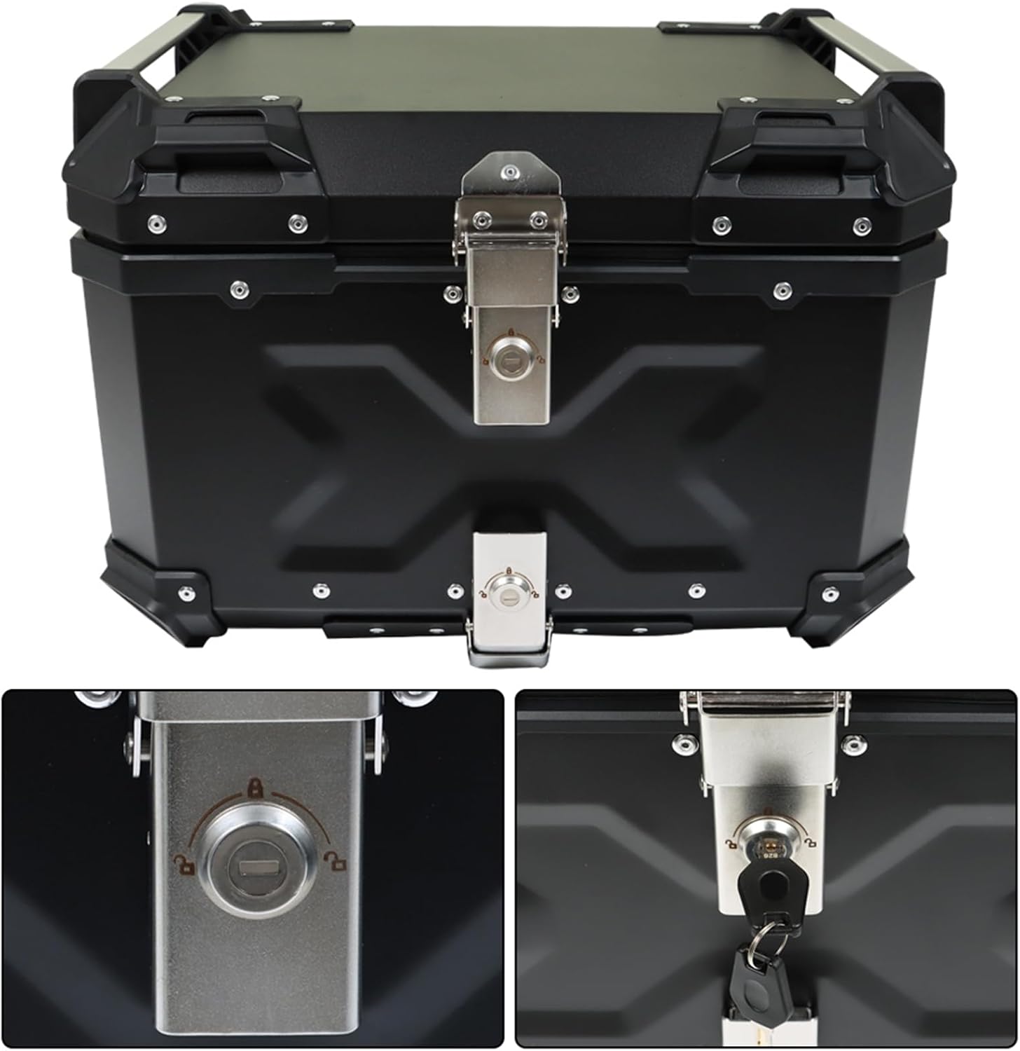 Labwork - Caja trasera para motocicleta de 45 l, con placa de montaje, aleación de aluminio dura, cierre de seguridad contra robo, metal plateado, caja trasera para maletero