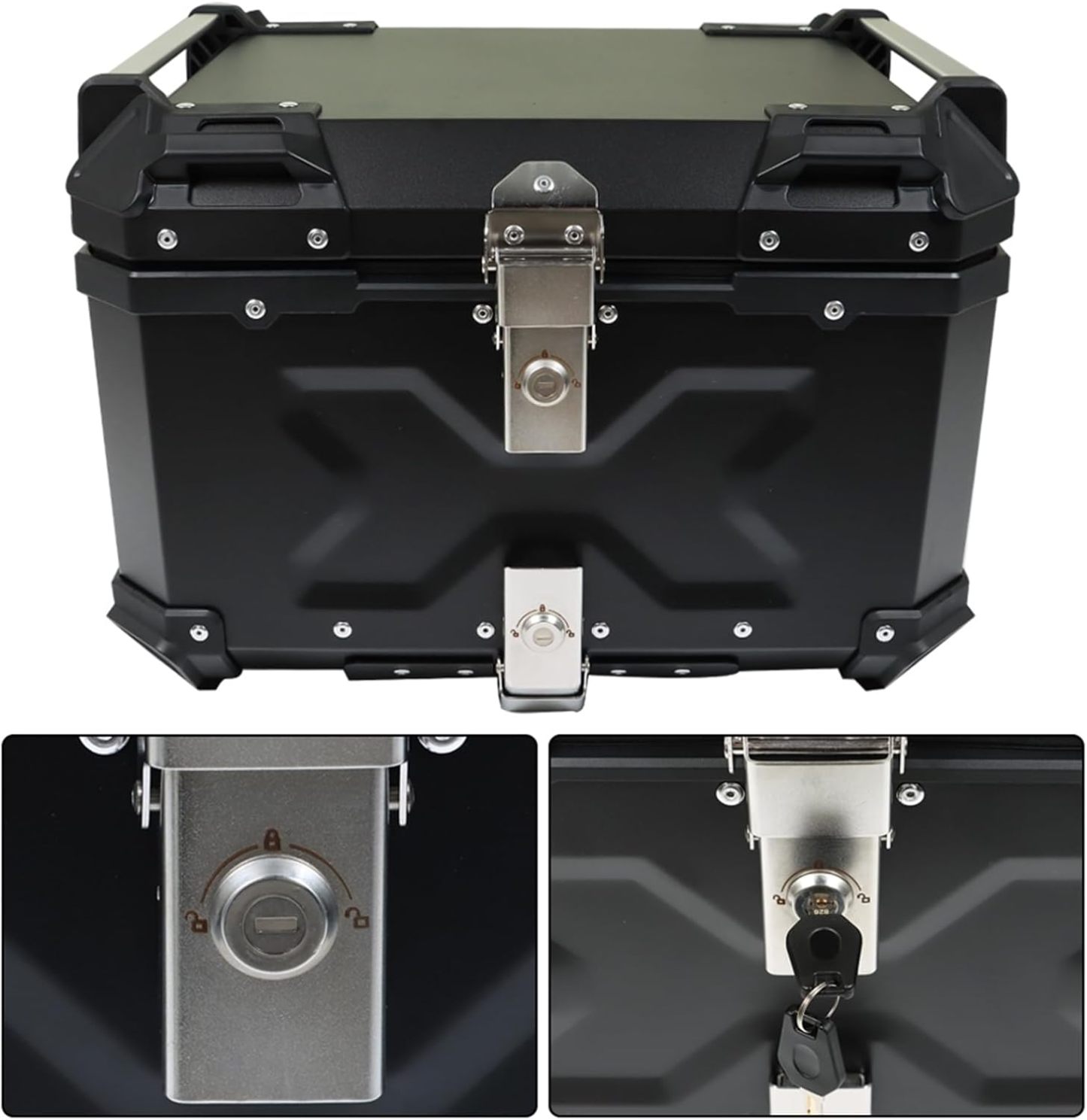 Labwork - Caja trasera para motocicleta de 45 l, con placa de montaje, aleación de aluminio dura, cierre de seguridad contra robo, metal plateado, caja trasera para maletero