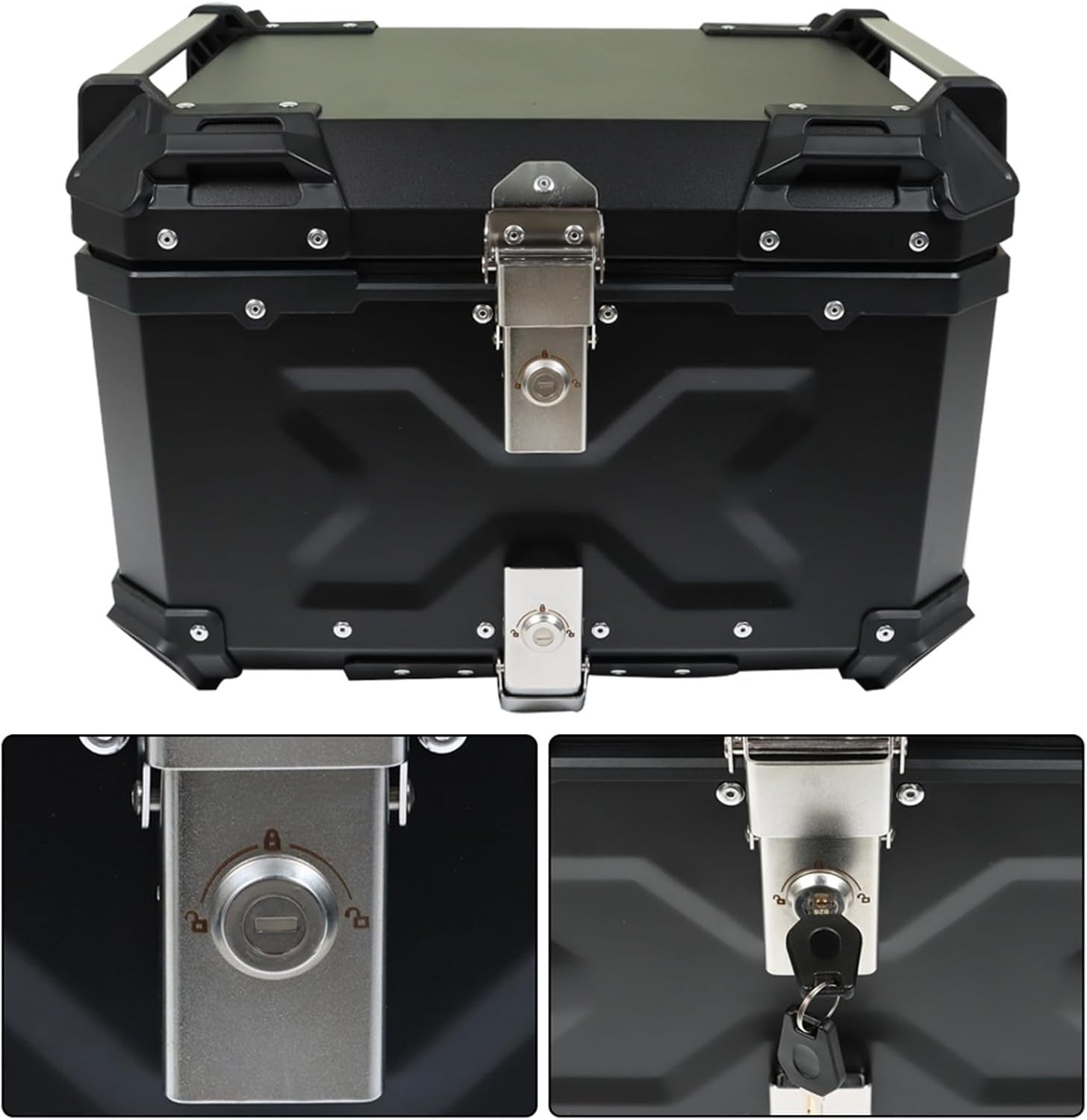 Labwork - Caja trasera para motocicleta de 45 l, con placa de montaje, aleación de aluminio dura, cierre de seguridad contra robo, metal plateado, caja trasera para maletero