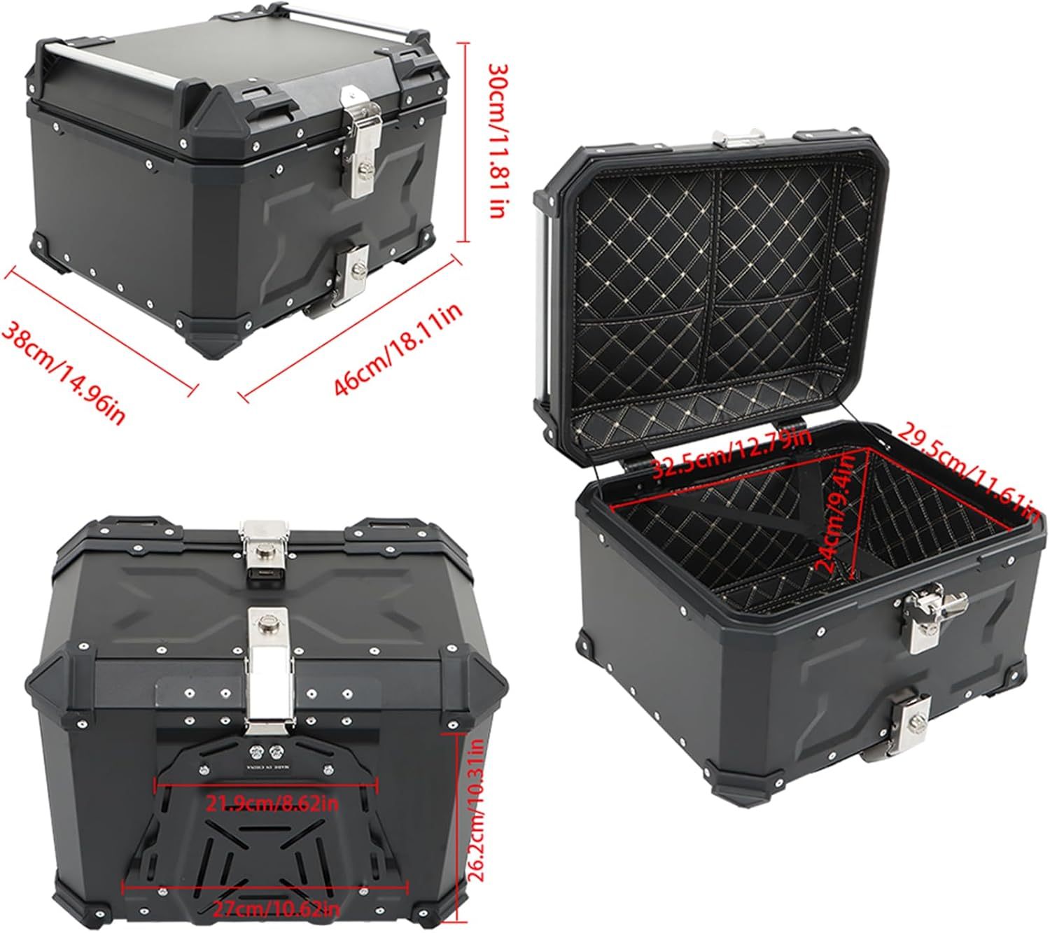 Labwork - Caja trasera para motocicleta de 45 l, con placa de montaje, aleación de aluminio dura, cierre de seguridad contra robo, metal plateado, caja trasera para maletero