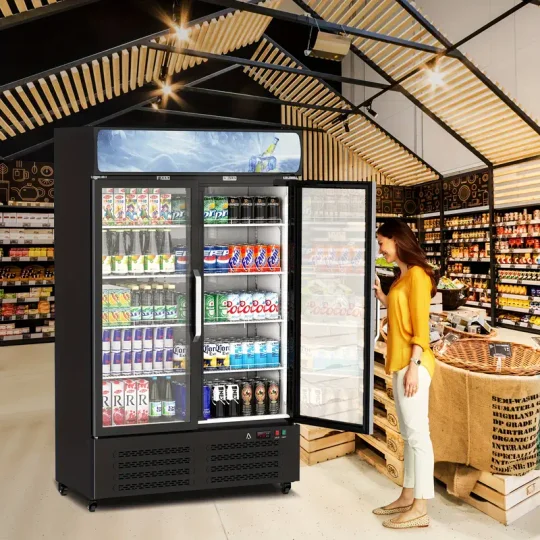 Refrigerador comercial para bebidas HUFY de 26.2 pies cúbicos con 2 puertas de vidrio, enfriador vertical para bebidas con iluminación LED, estantes ajustables y organizadores de bebidas, enfriamiento de 32 a 50