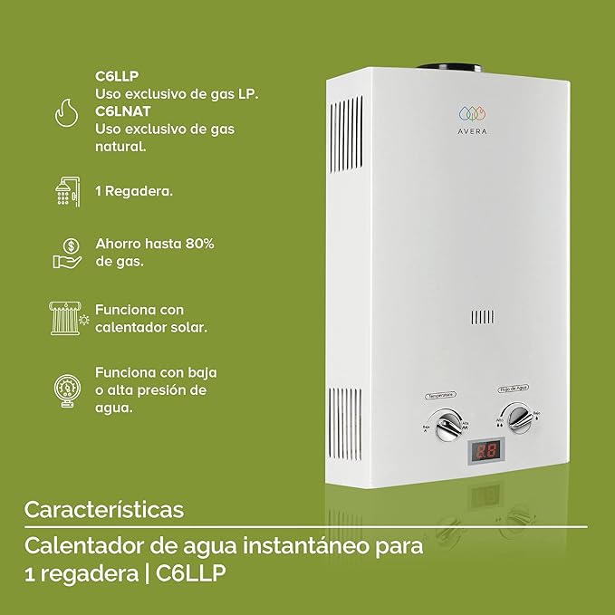 AVERA Calentador de Agua Instantaneo para 1 Regadera GAS LP, Perillas Reguladoras, (Ahorra Hasta 80% de Gas y Disfruta de Agua Caliente al Instante), Boiler de Paso, Capacidad 6 Litros/Minuto, C6L