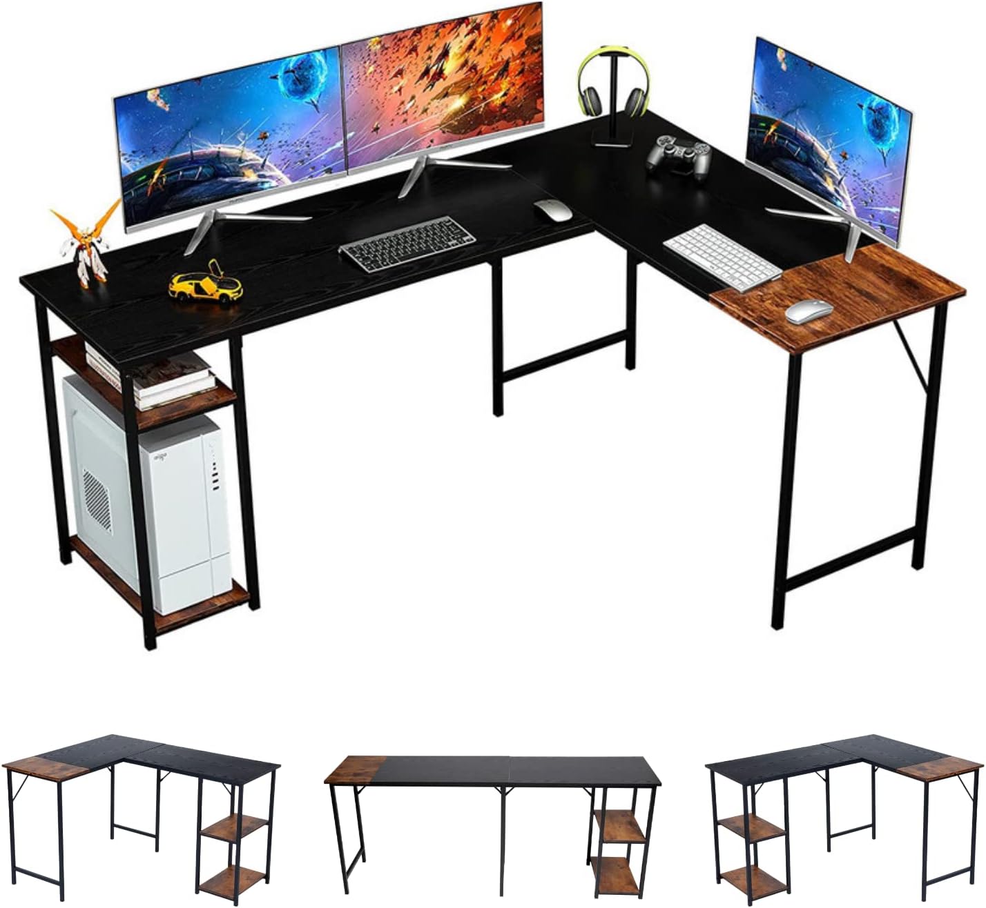 GOMYHOME Escritorio para computadora en Forma de L Escritorio para Juegos de computadora Estación de Trabajo para Escritura Cinturón de Estudio para Oficina en casa Escritorio Grande de 124 cm (Negro)