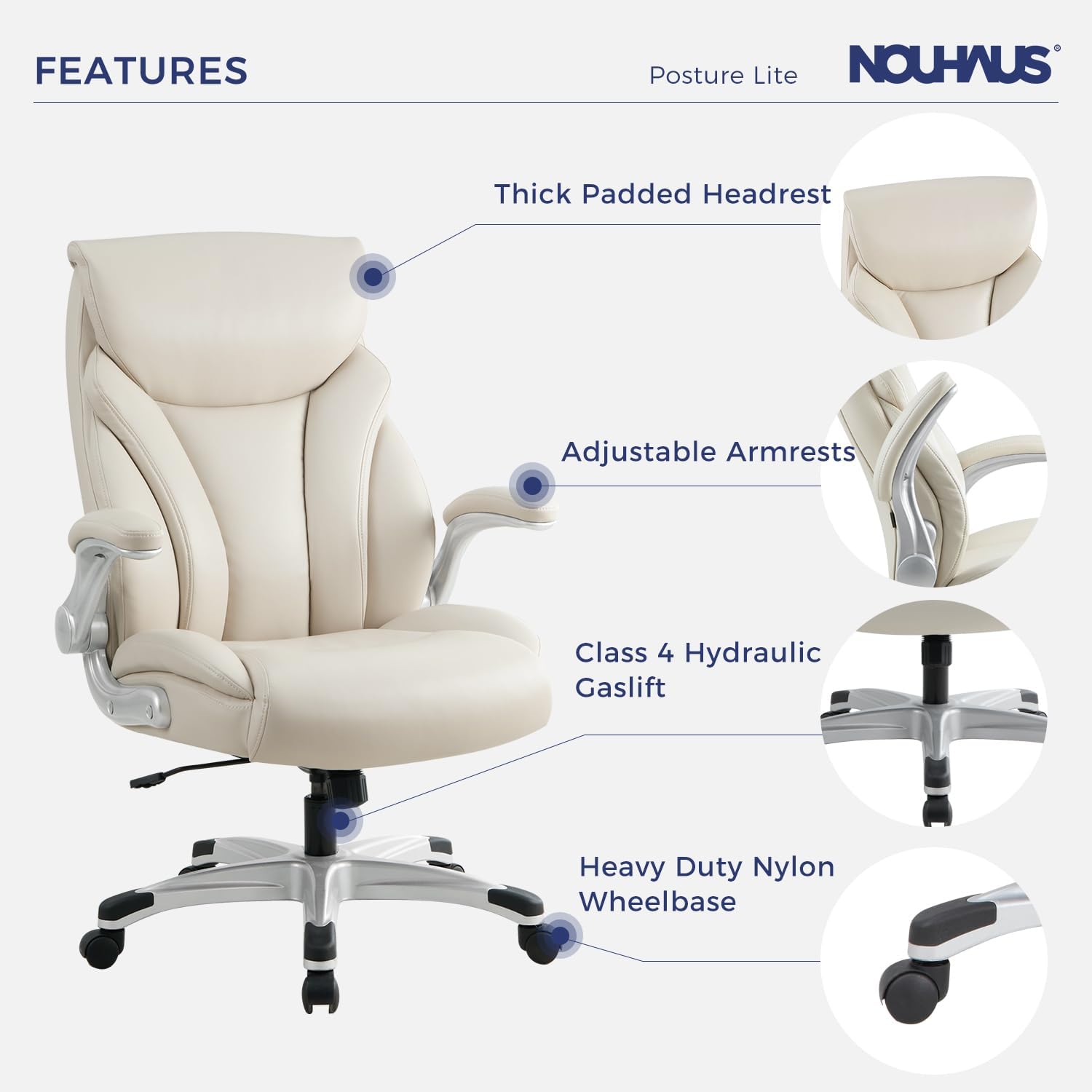 Nouhaus - Silla de oficina grande y alta con soporte lumbar, silla de oficina ergonómica de piel sintético, silla de computadora ejecutiva con reposabrazos ajustables (Posture Lite, blanco)