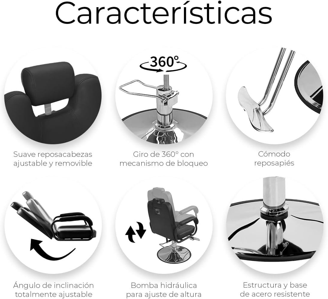 Raganet, Silla Hidráulica y Reclinable para Peluquerías, Salones, Barberías y Spas, Cuero Sintético Color Negro, Sillón Giratorio 360º, Medidas: 90cm Largo X 57cm Ancho X 105cm Alto