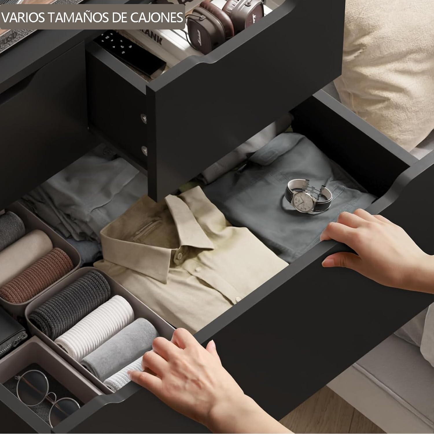 UNKKS Cajonera para Recamara para Hogar Y Oficina, Cómoda de 6 Cajones de Madera y riel de Metal Liso,Cómoda de Madera Grande y Cómoda para Recámara 70 * 40 * 110CM (Negro)