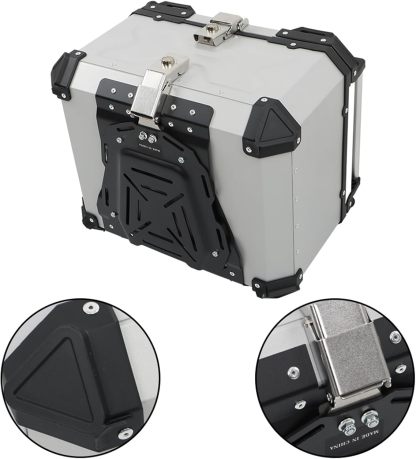 Labwork - Caja trasera para motocicleta de 45 l, con placa de montaje, aleación de aluminio dura, cierre de seguridad contra robo, metal plateado, caja trasera para maletero