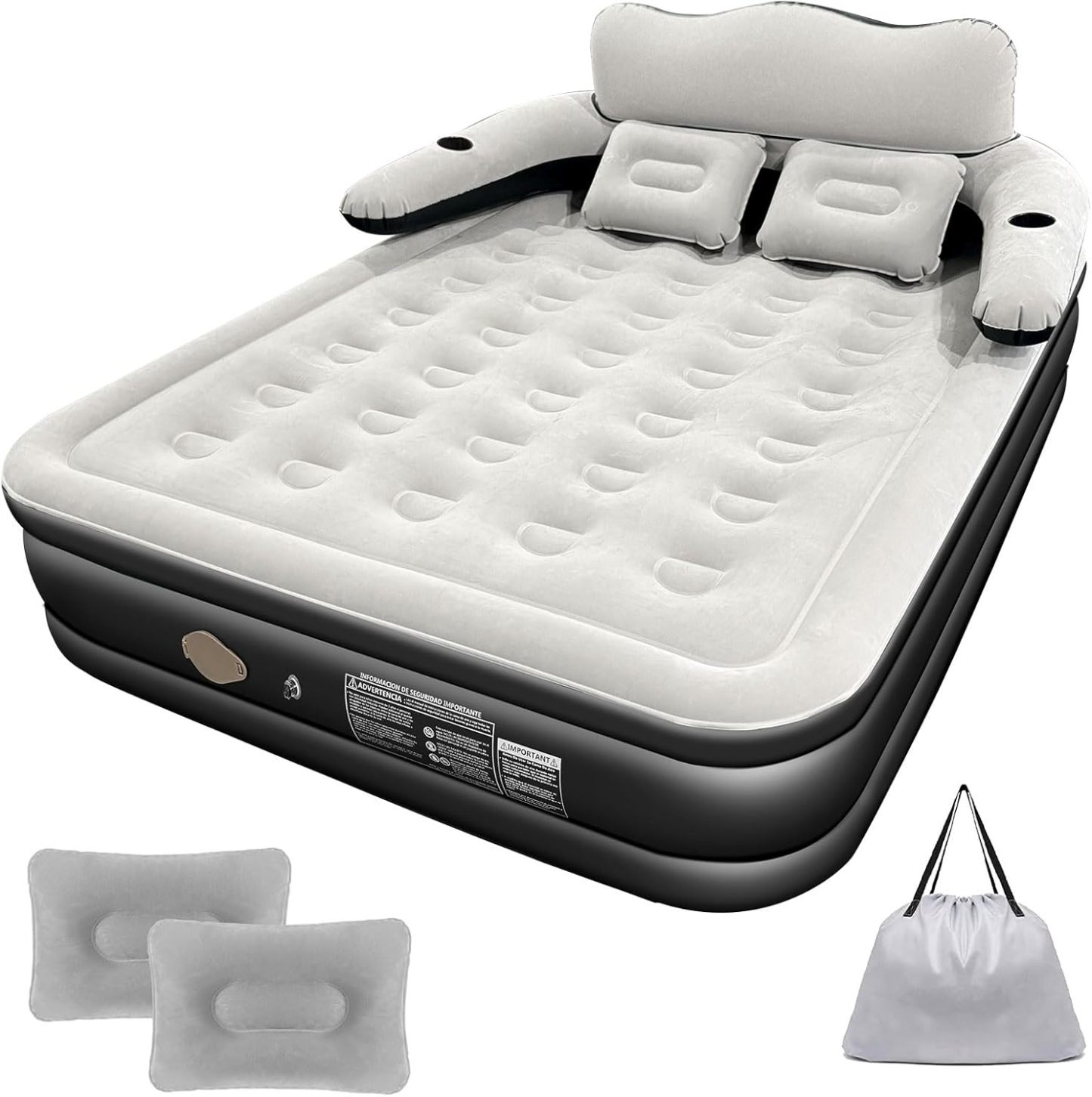 HEEDU Colchón de Aire Inflable con Cabecero, Bomba de Aire Eléctrica Inalámbrica, 2 Almohada Inflable, Inflado Rápido Automático, Cama Inflable Queen para Hogar, Viajes y Camping.