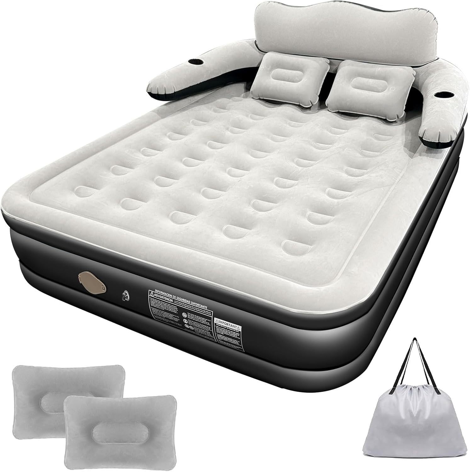 HEEDU Colchón de Aire Inflable con Cabecero, Bomba de Aire Eléctrica Inalámbrica, 2 Almohada Inflable, Inflado Rápido Automático, Cama Inflable Queen para Hogar, Viajes y Camping.