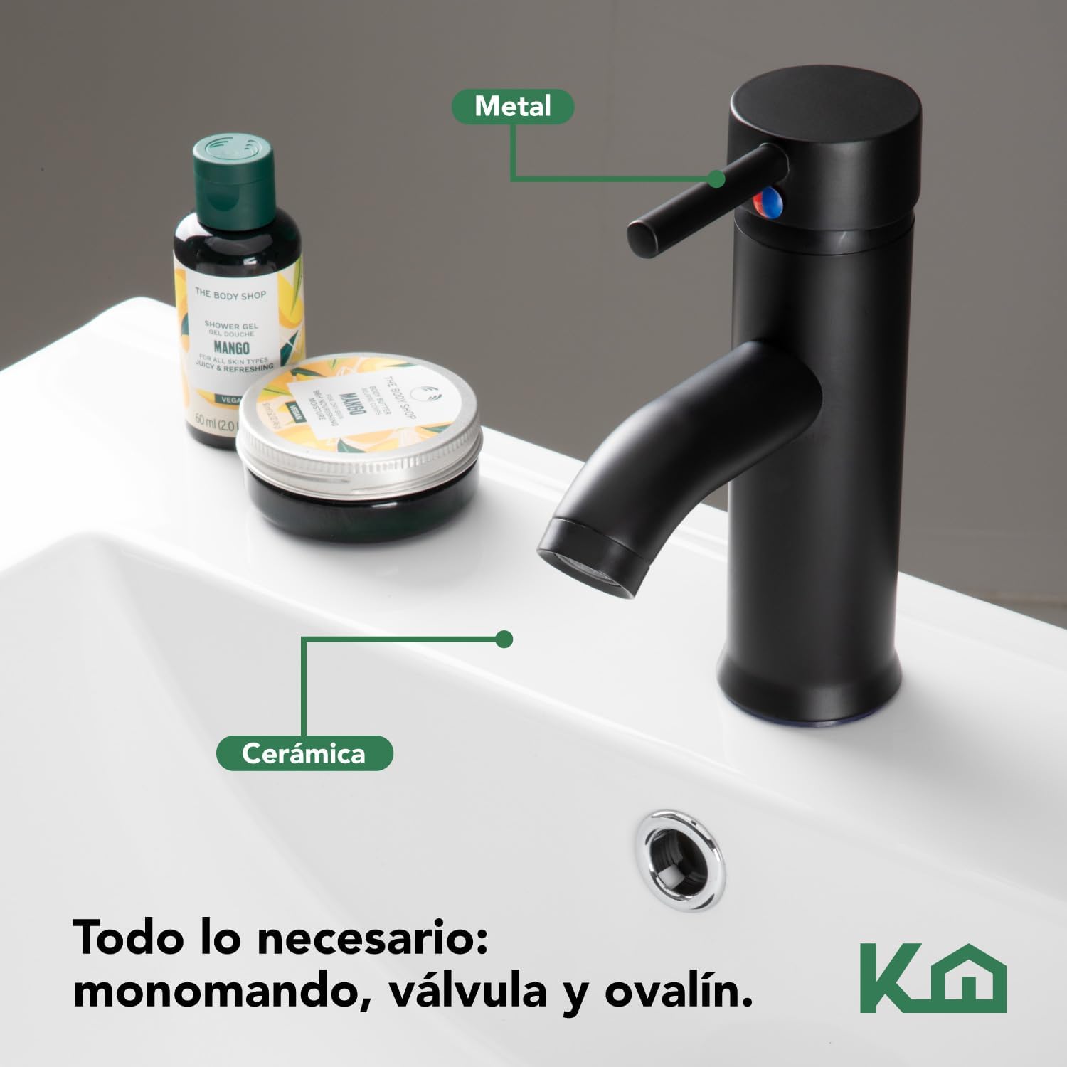 Kingshouse | Gabinete para Baño con Ovalín y Monomando – Mueble de Baño Lavamanos con 2 Cajones – Lavabo – Gabiente Organizador - Color Gris Mate – Fibra de Madera MDF – Lavamanos De Cerámica