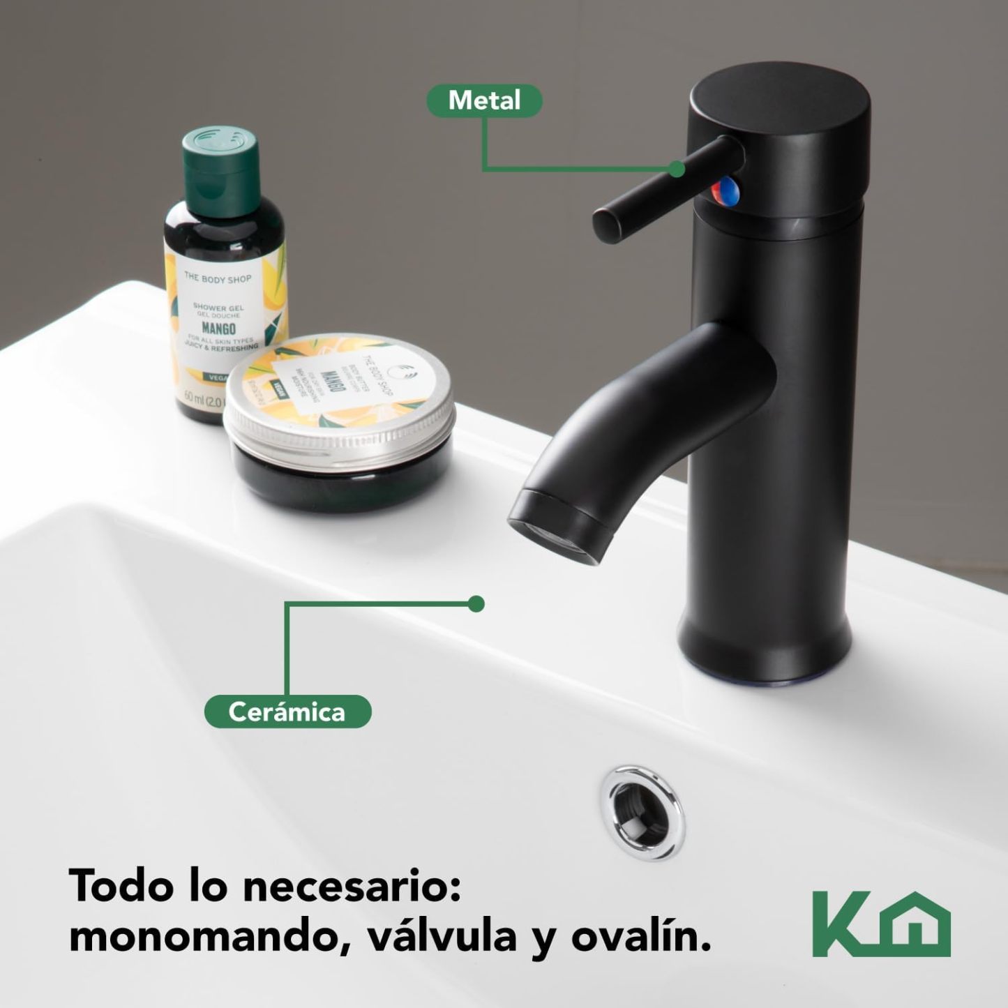 Kingshouse | Gabinete para Baño con Ovalín y Monomando – Mueble de Baño Lavamanos con 2 Cajones – Lavabo – Gabiente Organizador - Color Gris Mate – Fibra de Madera MDF – Lavamanos De Cerámica
