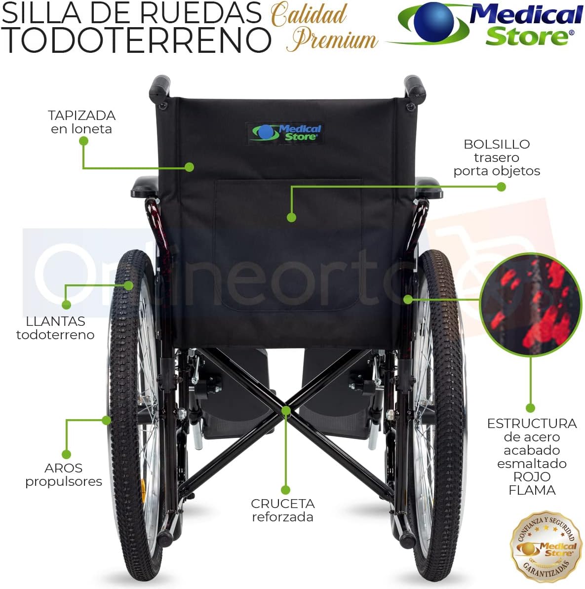 Medical Store Silla de Ruedas TODO TERRENO de Lujo, Modelo 101, Acero Resistente, Con Eleva piernas Desmontables y Descansabrazos Abatibles Color Rojo.…