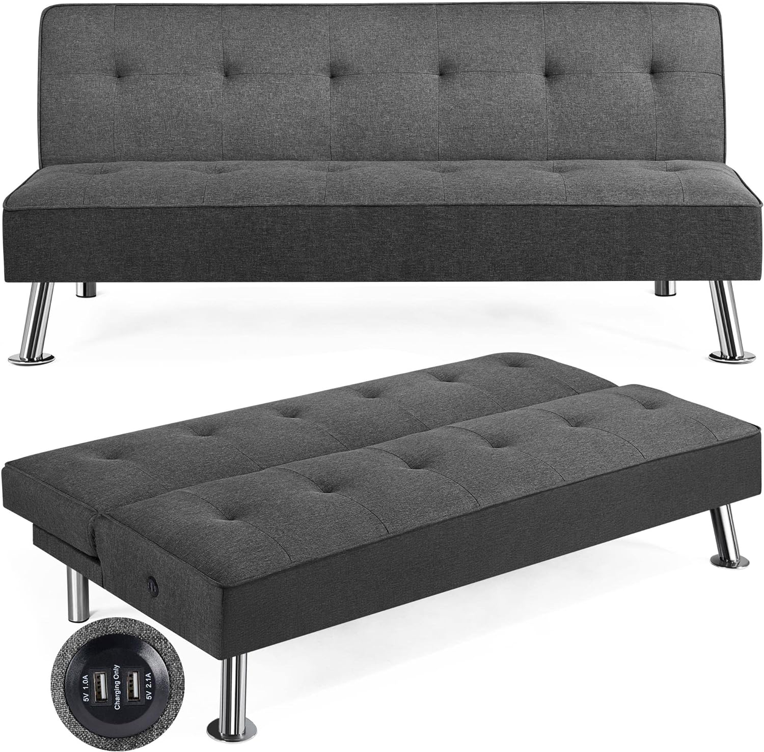 Yaheetech - Sofá Cama Convertible Moderno con 2 Puertos de Carga USB Integrados de Tela, Patas de Metal, 3 ángulos Ajustables para una Vida compacta, Departamento, recámara, habitación Extra Gris