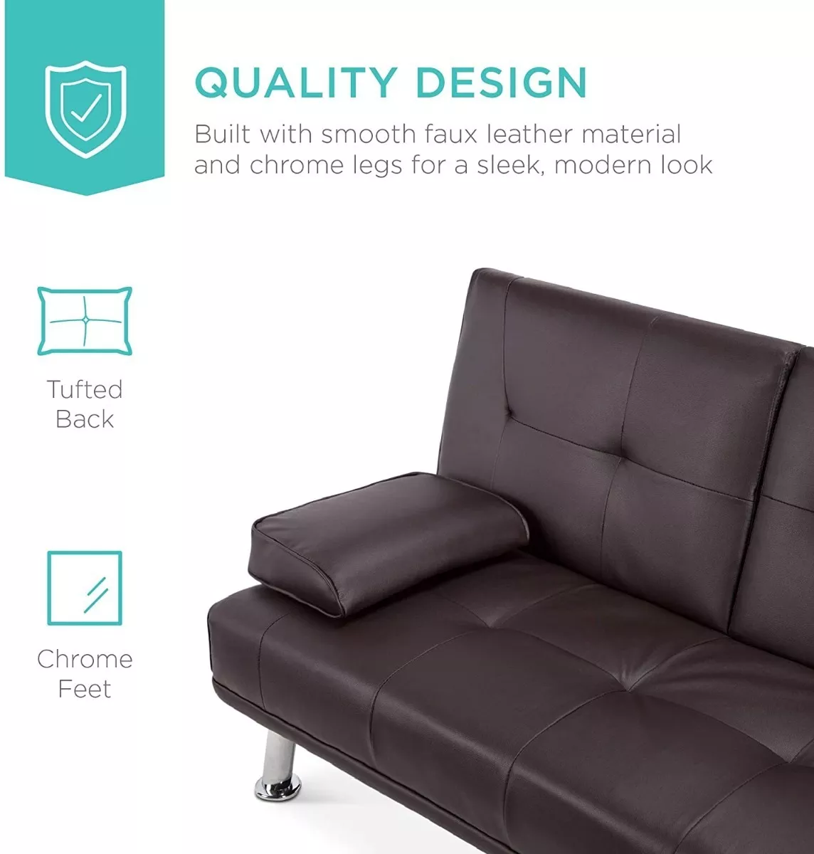 Sofá cama futón plegable portavasos de piel sintética marrón