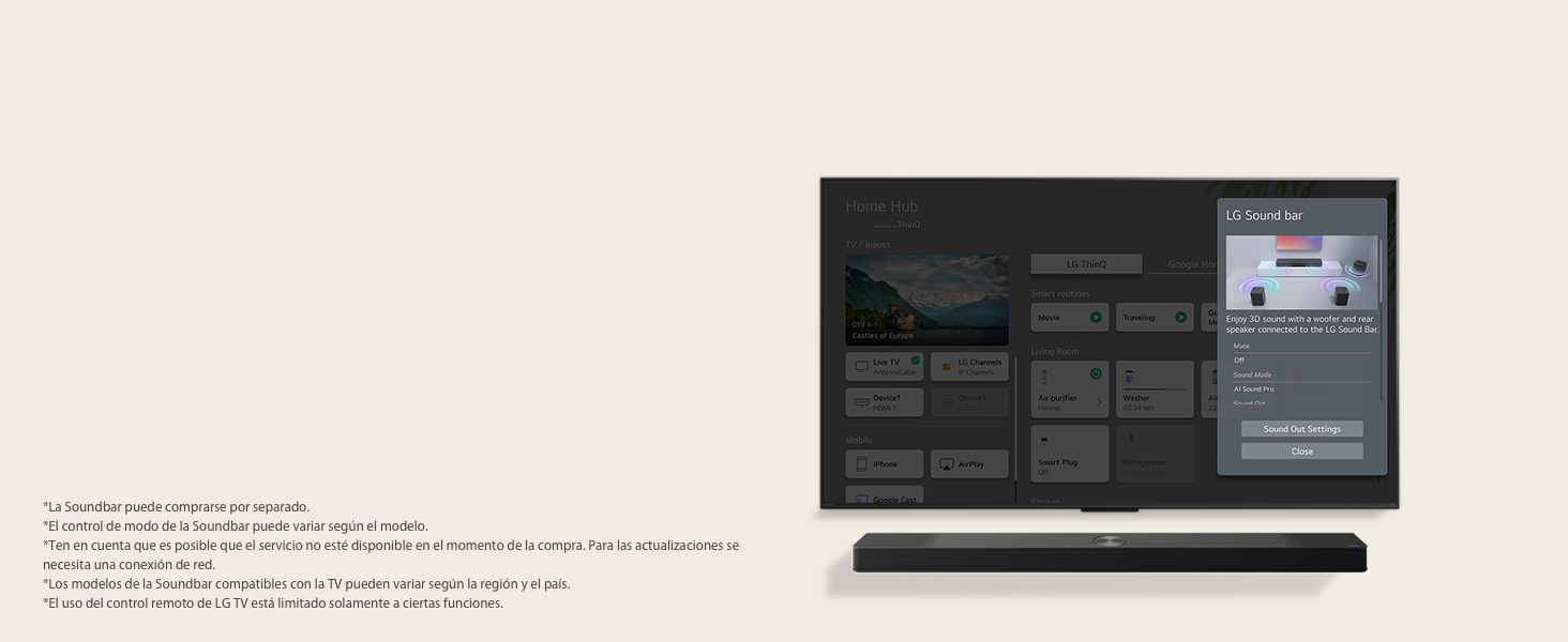 LG Soundbar is below an LG UHD TV. The screen shows UI for the soundbar and TV volume controls