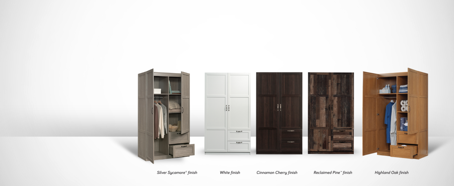 Colección de almacenamiento Sauder Select con una variedad de acabados