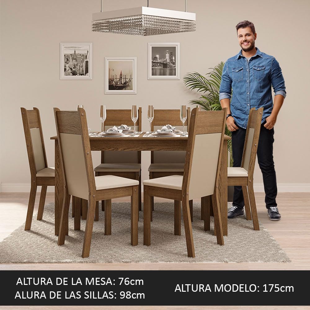 Madesa Juego de Comedor, Mesa con Tablero de Madera y 6 Sillas Jaíne - Marrón/Crema/Beige