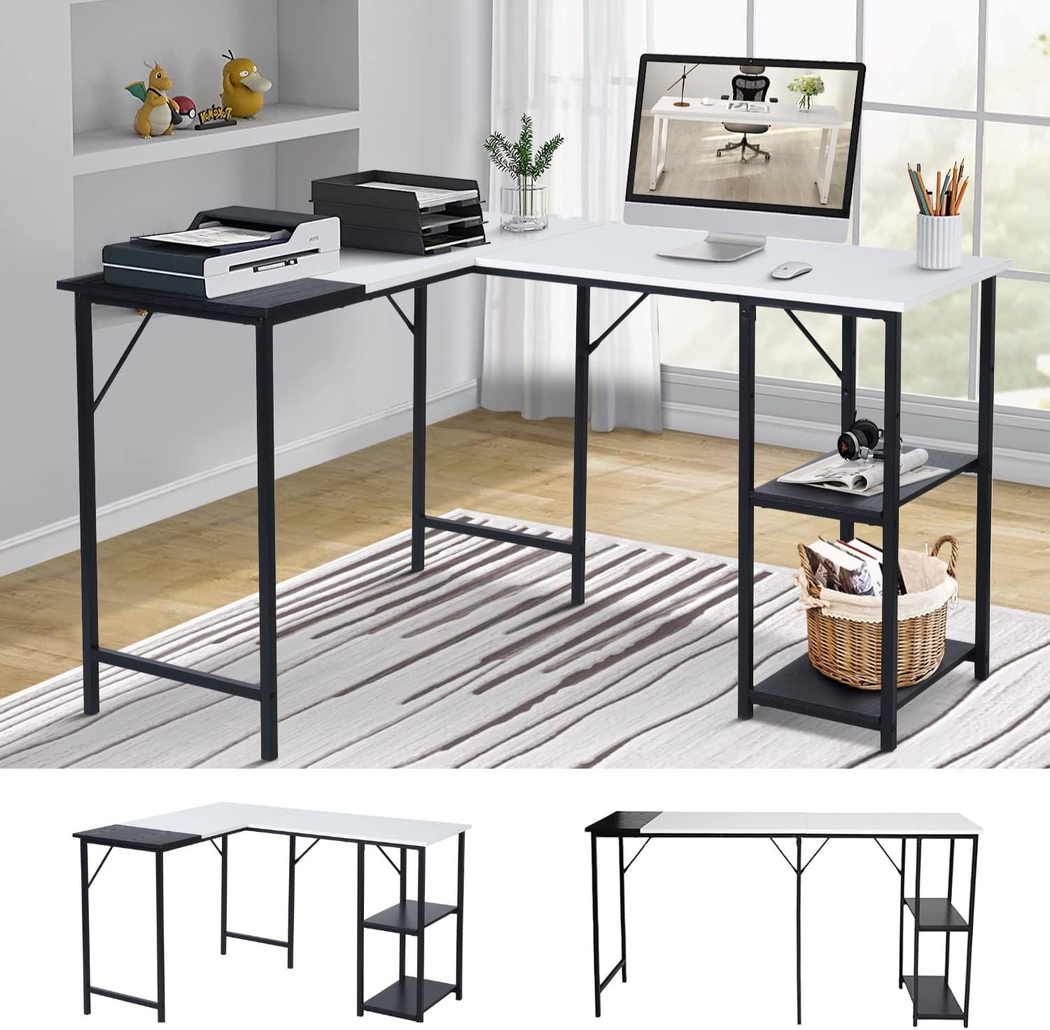 GOMYHOME Escritorio para computadora en Forma de L Escritorio para Juegos de computadora Estación de Trabajo para Escritura Cinturón de Estudio para Oficina en casa Escritorio Grande de 124 cm (Negro)