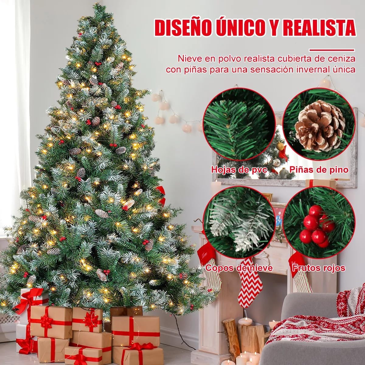 Arbol de Navidad Grande 2.2m, Arbol de Navidad con Luces Integradas, con 27m 240 Luces Led Parpadeantes(8 Modos de Luz), 1140 Ramas, con 35 Pares de Piñas y 35 Pares de Frutos Rojos, Soporte Metálico