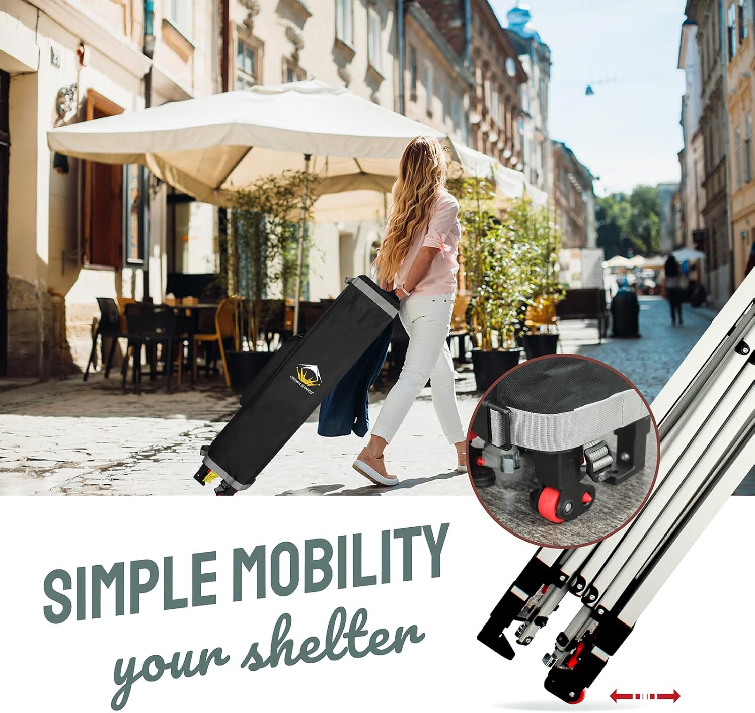 CROWN SHADES - Toldo desplegable de 3.60 x 3.60 metros, toldo patentado de un empuje con bolsa de transporte con ruedas, 8 estacas y 4 cuerdas, negro