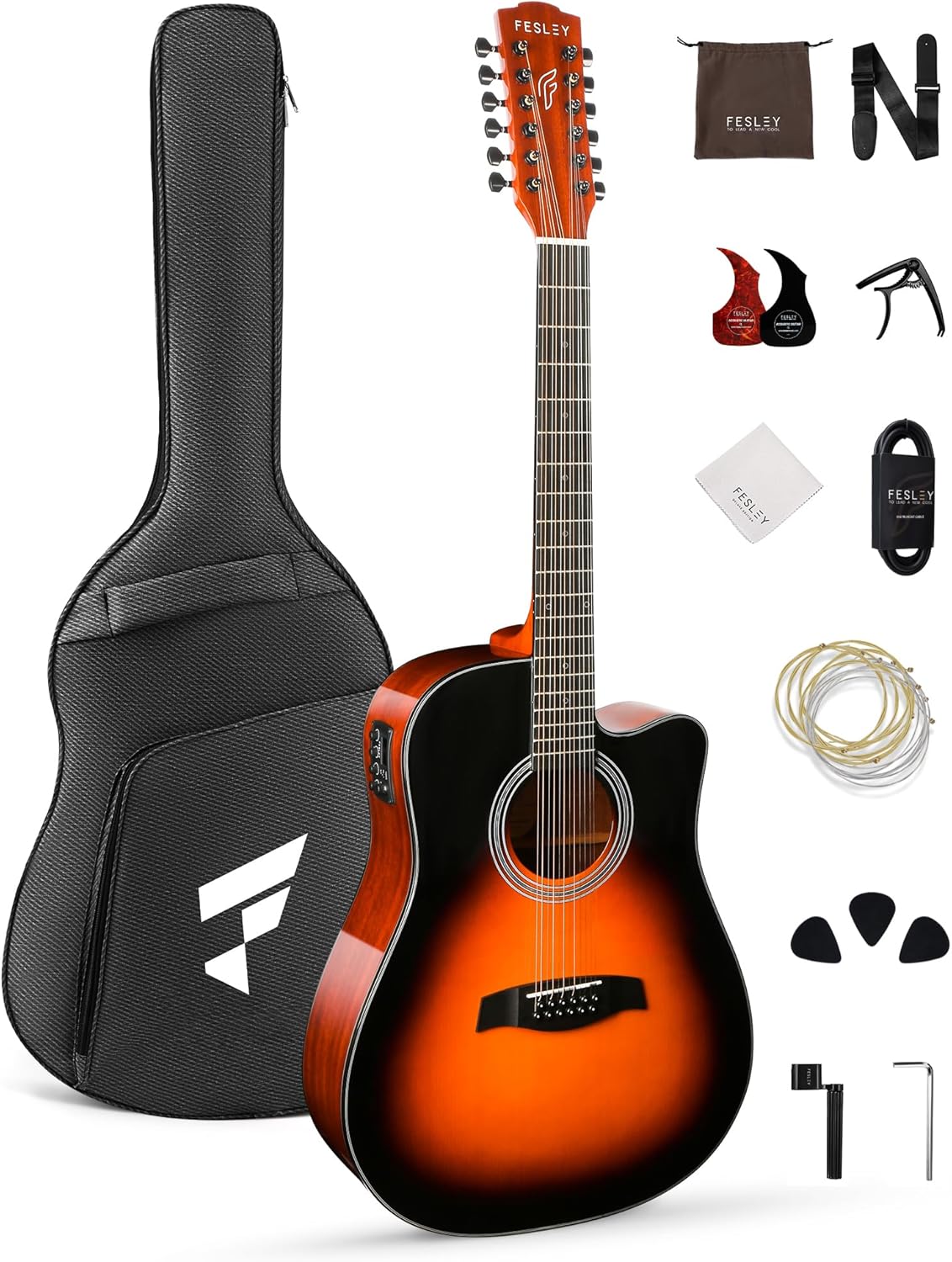 Fesley Guitarra de 12 cuerdas, guitarras eléctricas acústicas de tamaño completo para adultos, guitarra de abeto superior acústica, paquete de guitarra recortada con bolsa de concierto, púas, cuerdas, correa, natural
