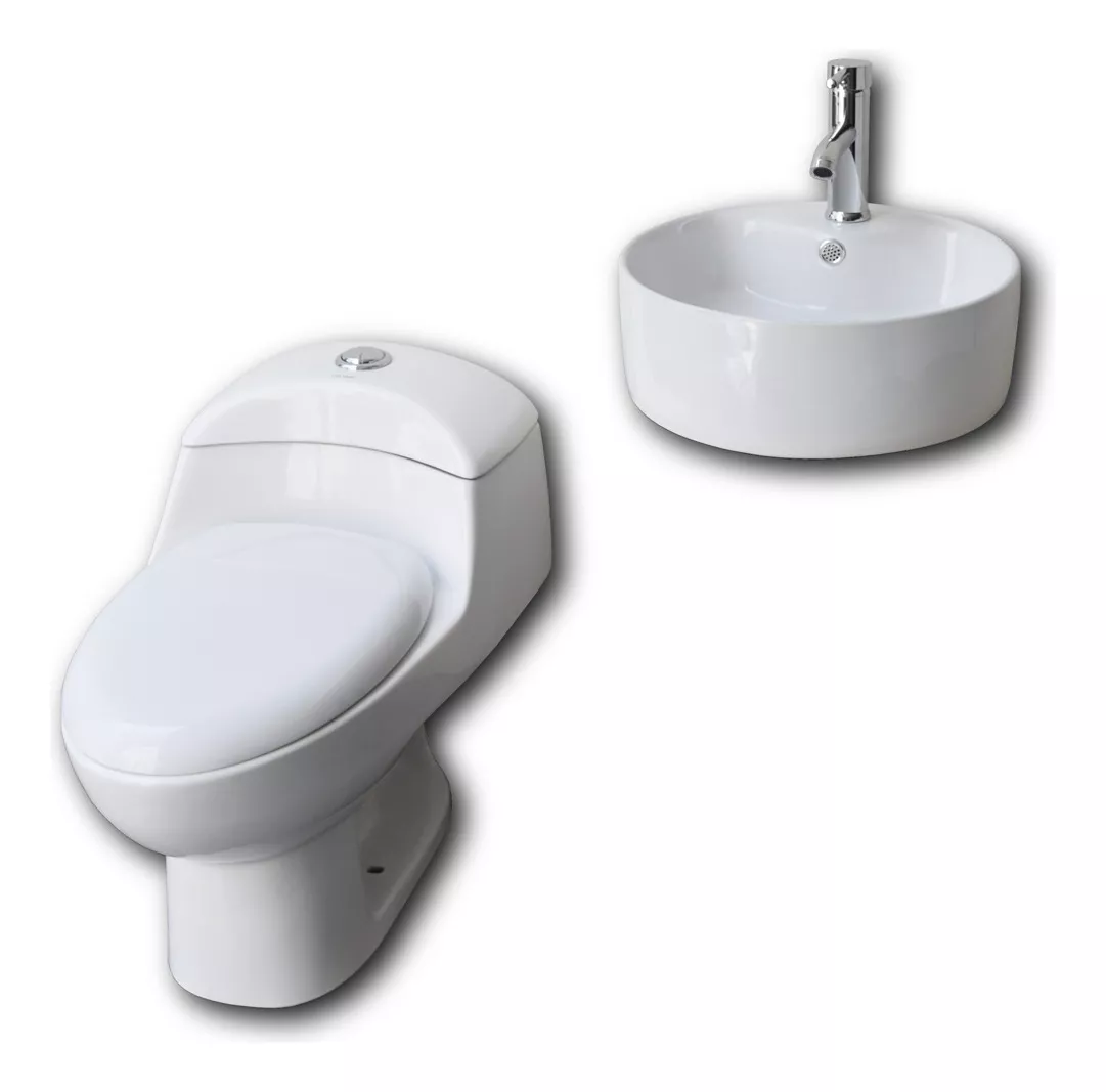 Esatto® Paquete Sanitario Y Lavabo Llave Gratis Wc-002 Rondo Incluye Wc Ecológico One-piece Ovalin Redondo Y Monomando