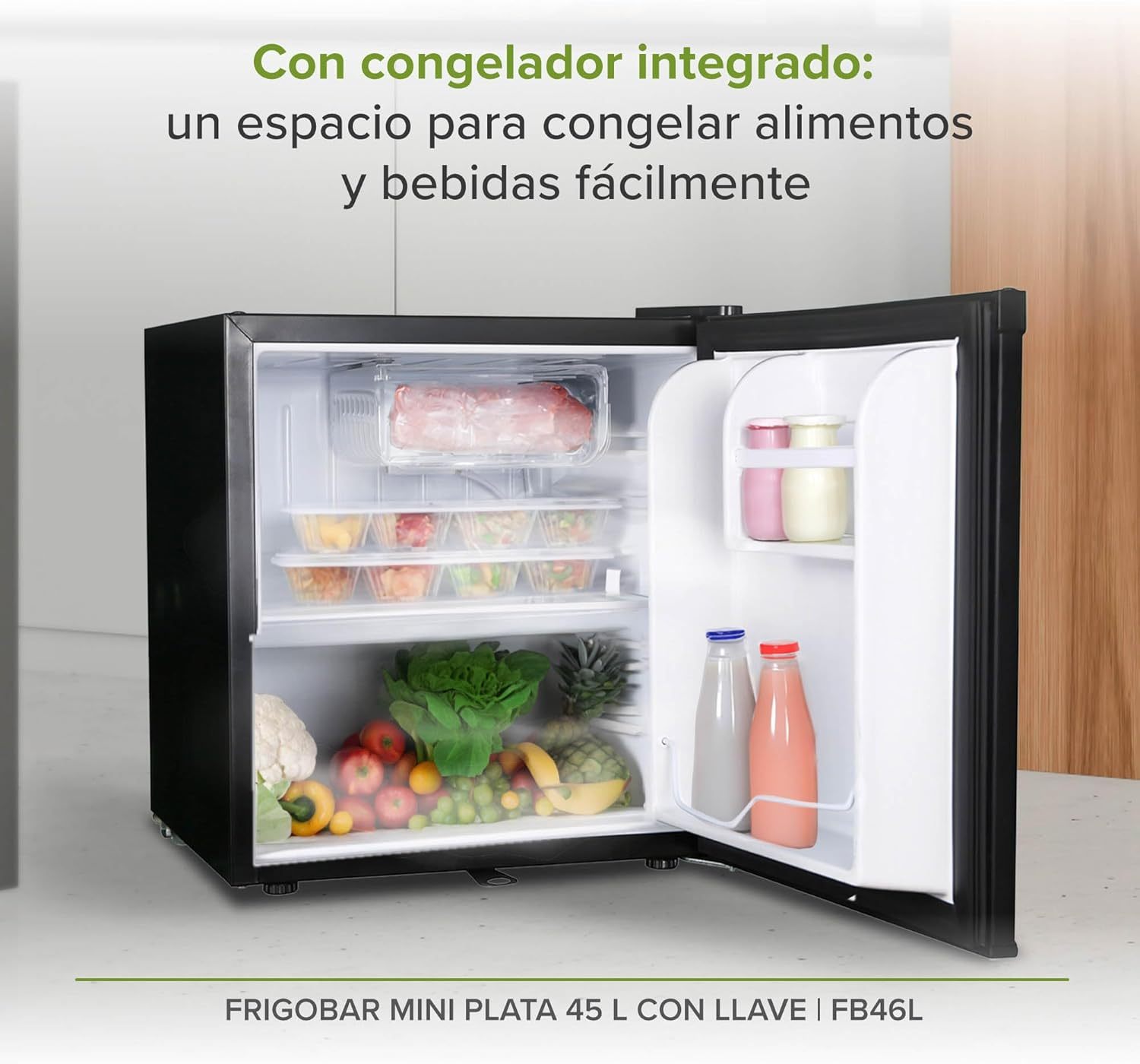 AVERA Frigobar con congelador de 1.6 pies, mini bar con capacidad de 45 L, mini refrigerador con llave, refrigerador con control de temperatura ajustable, puerta reversible de color plata | FB46L