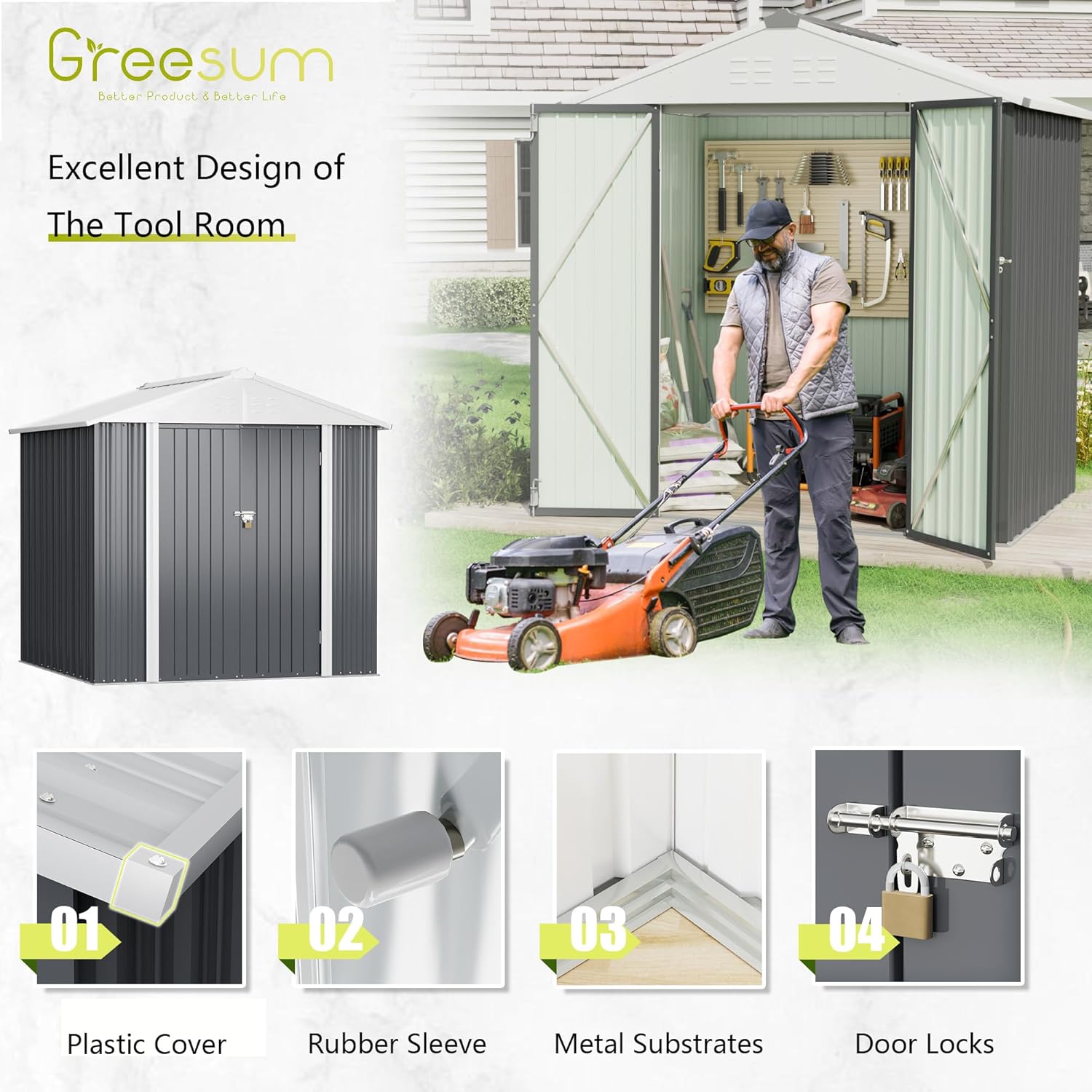 Greesum - Cobertizo de almacenamiento de metal para exteriores, 5 pies x 3 pies, herramienta de acero para cobertizo de almacenamiento con puerta y cerradura, para patio trasero, jardín, patio, césped (5 x 3 pulgadas), color café