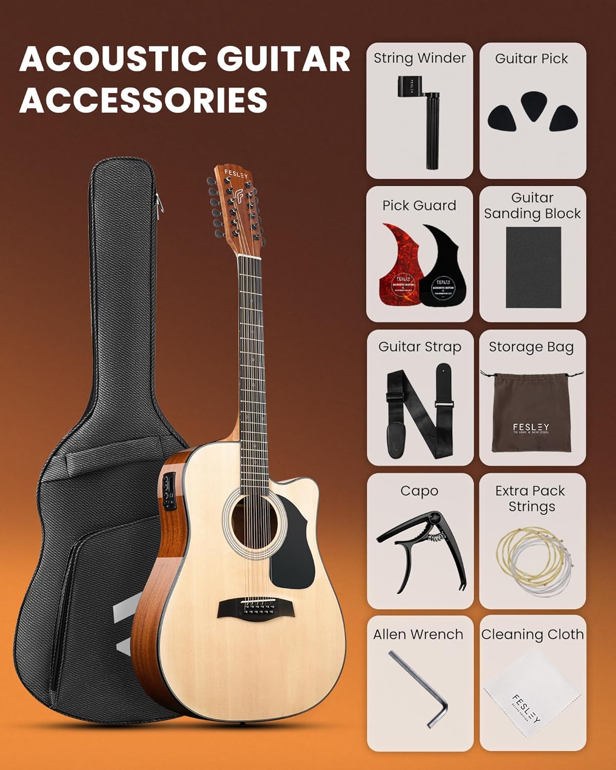 Fesley Guitarra de 12 cuerdas, guitarras eléctricas acústicas de tamaño completo para adultos, guitarra de abeto superior acústica, paquete de guitarra recortada con bolsa de concierto, púas, cuerdas, correa, natural