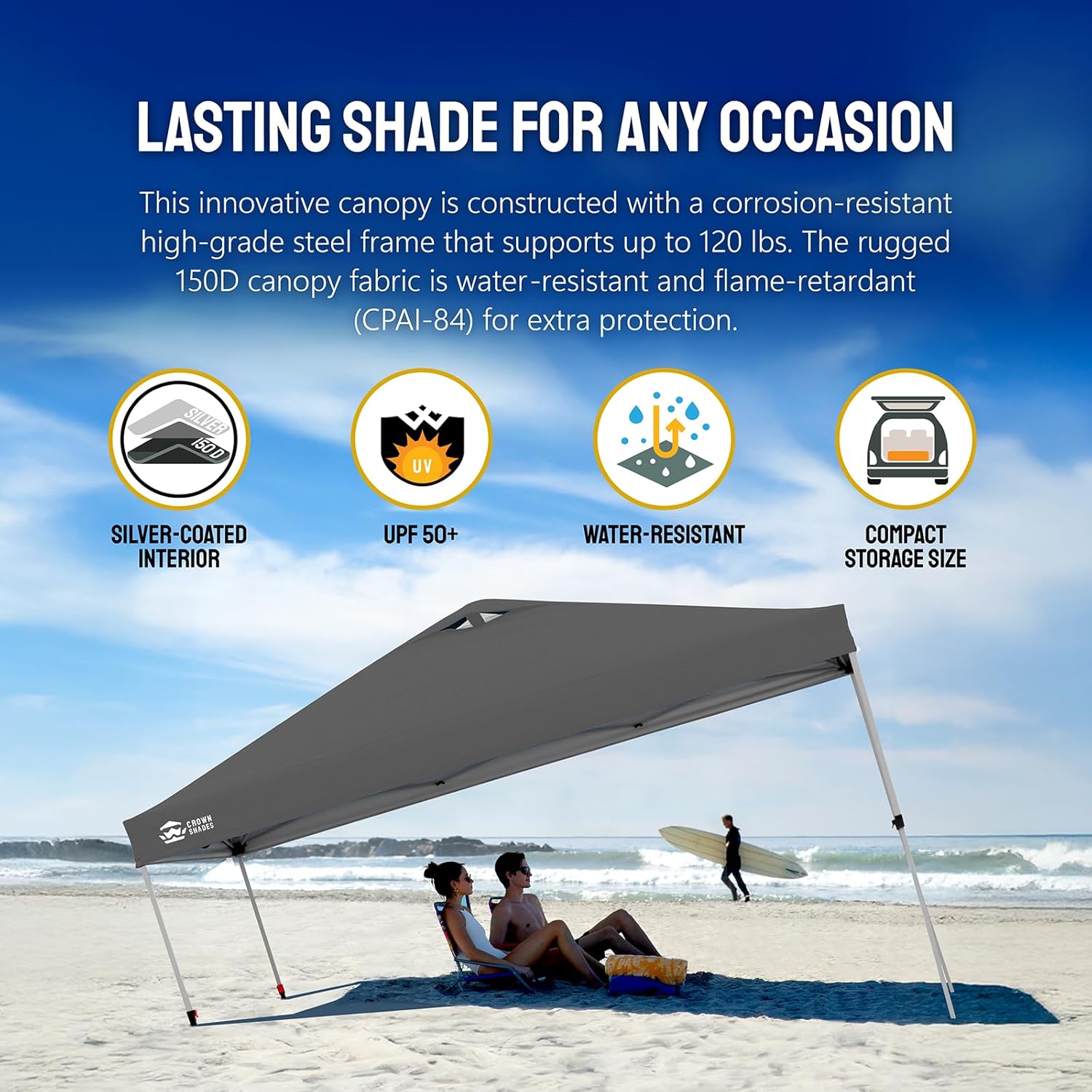CROWN SHADES - Toldo desplegable de 3.60 x 3.60 metros, toldo patentado de un empuje con bolsa de transporte con ruedas, 8 estacas y 4 cuerdas, negro
