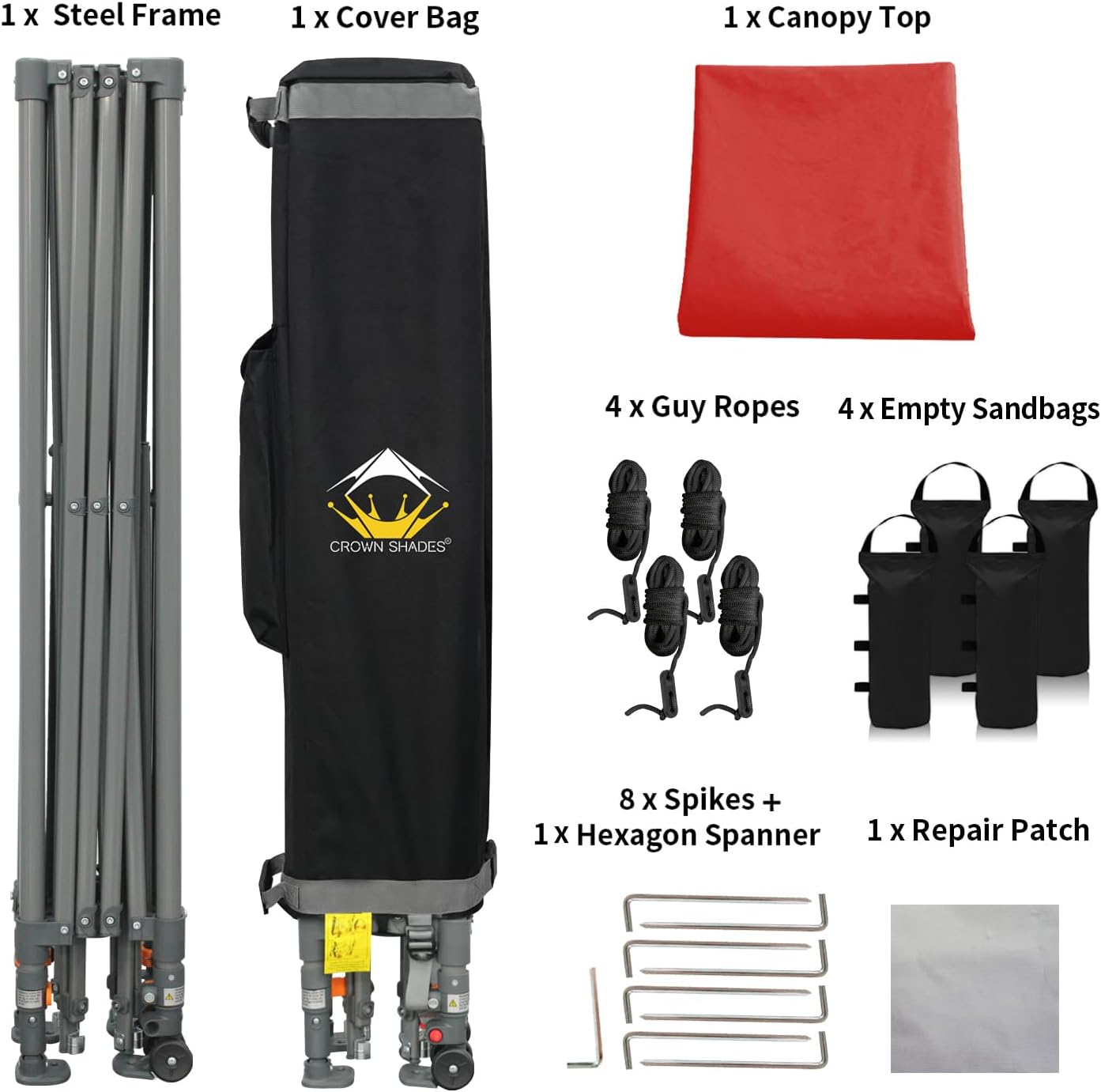 CROWN SHADES - Toldo desplegable de 3.60 x 3.60 metros, toldo patentado de un empuje con bolsa de transporte con ruedas, 8 estacas y 4 cuerdas, negro