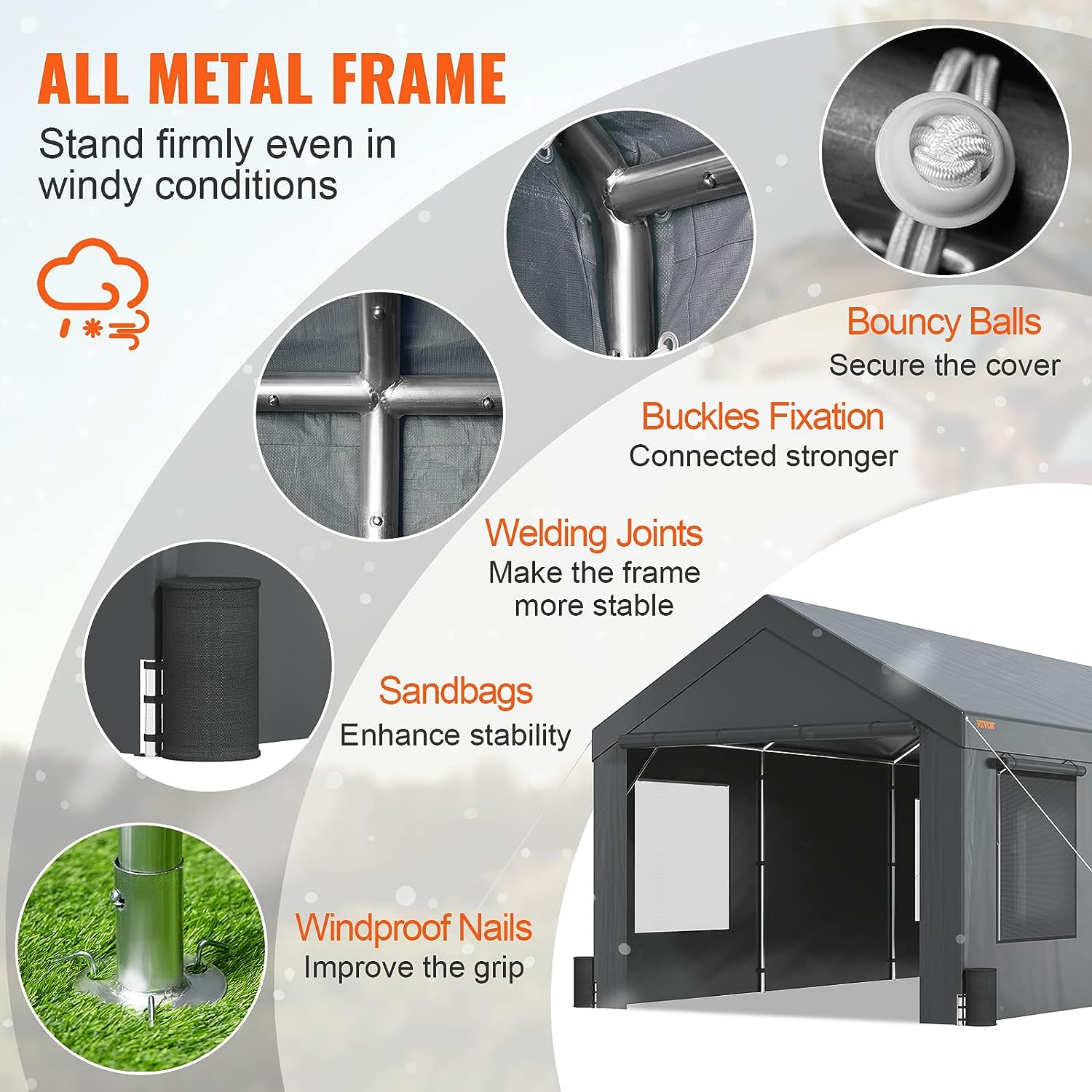 VEVOR Carport - Toldo de Acero Resistente de 10 x 20 pies, cochera portátil con 4 Bolsas de Arena, Ventanas ventiladas enrollables y Pared Lateral extraíble, Lona para Todas Las Estaciones para