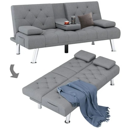 Homfa Sofá cama futón convertible, sofá cama plegable de 66.3 pulgadas con reposabrazos extraíbles y 2 portavasos para sala de estar, acabado gris-almohada