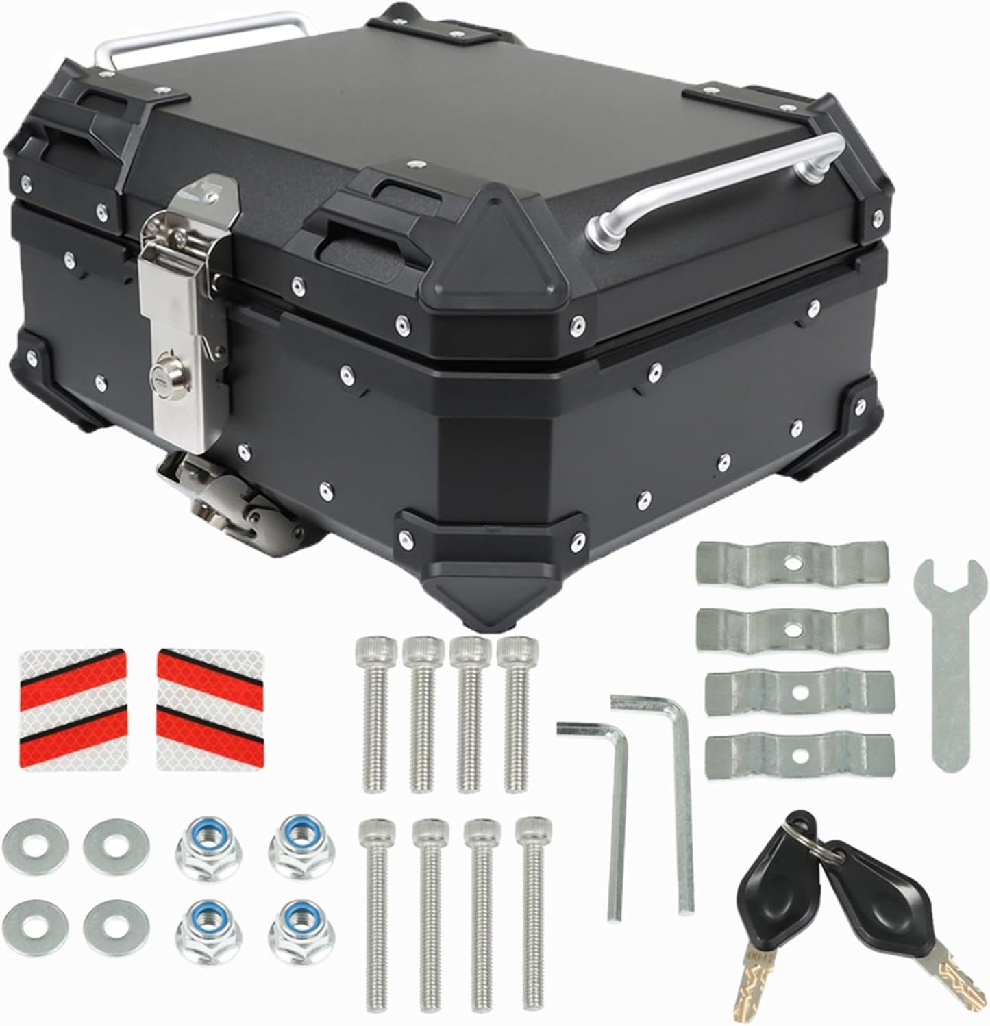 Labwork - Caja trasera para motocicleta de 45 l, con placa de montaje, aleación de aluminio dura, cierre de seguridad contra robo, metal plateado, caja trasera para maletero